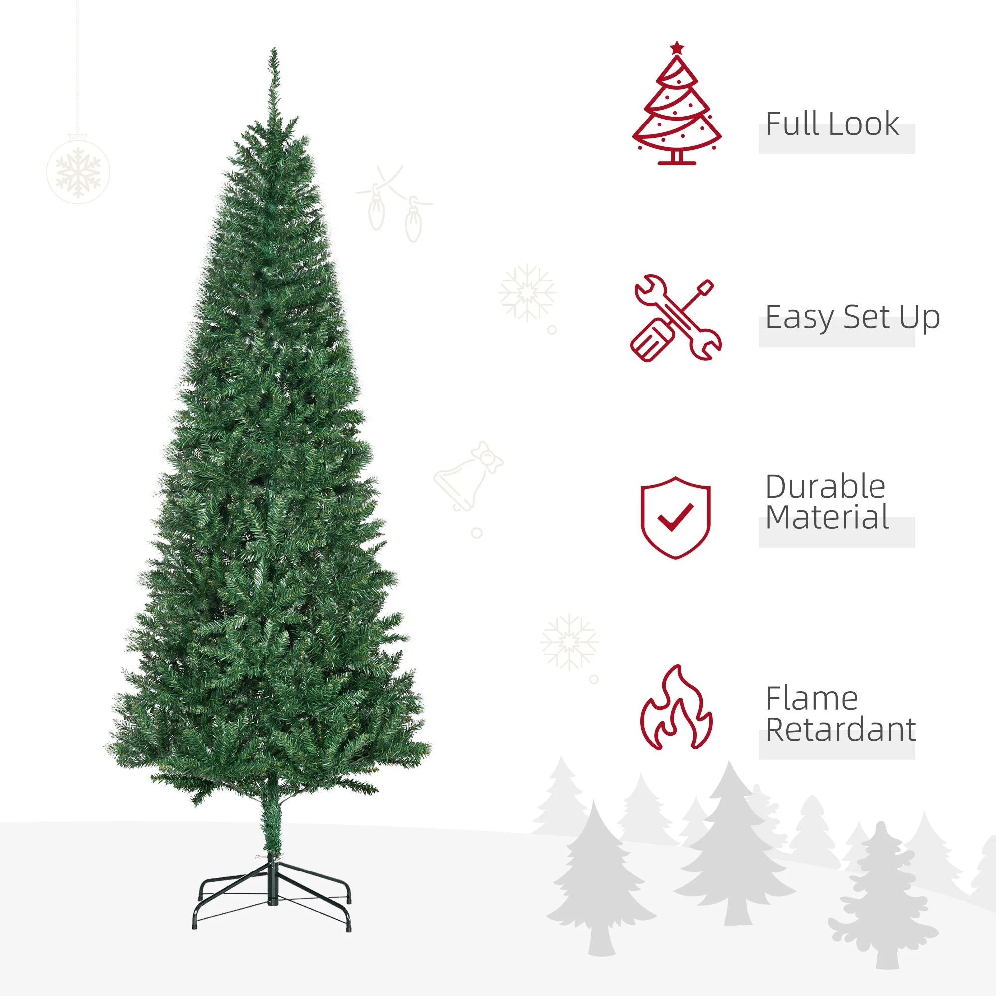 7' Slim Fir Artificial Christmas Tree with 865 Tips, Unlit Holiday Tree with Collapsible Base and Realistic Look