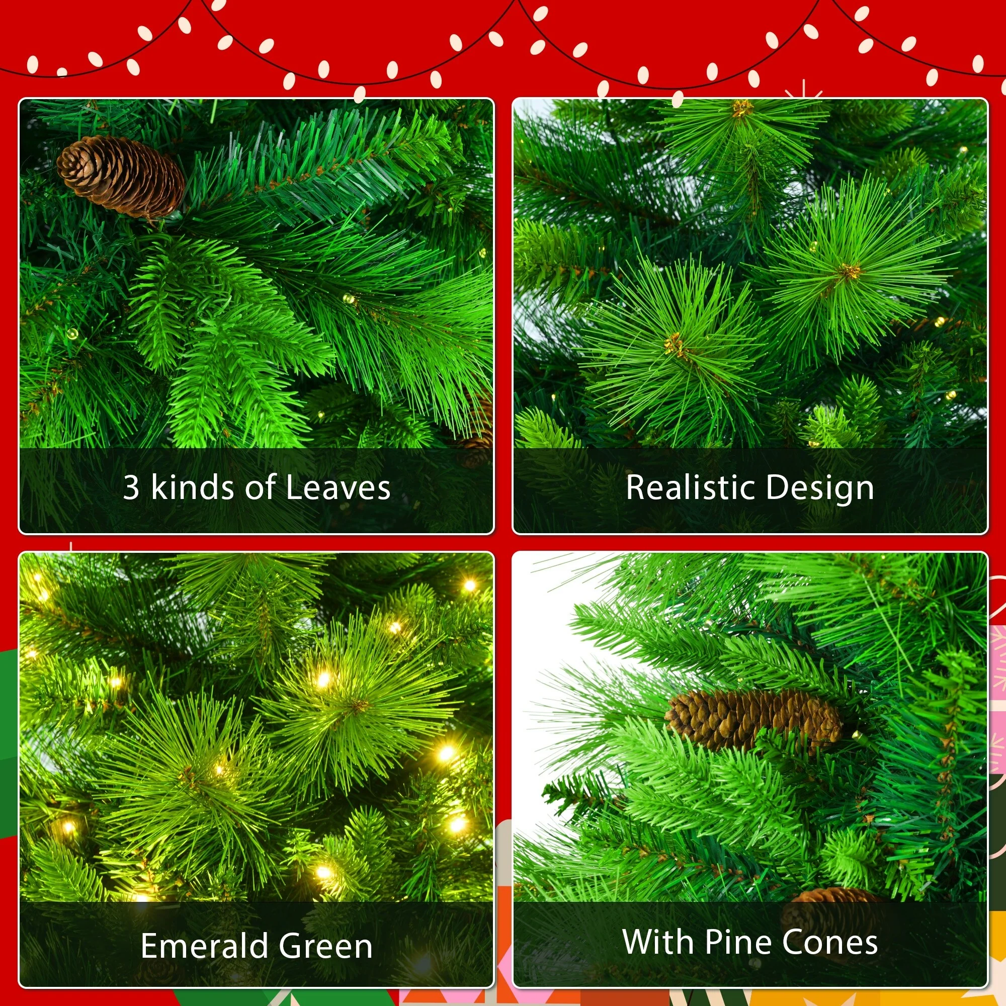 6FT Artificial Grass Green Christmas Tree Set, Pre-Lit with 430 LED Lights, Pine Cones, Wreath & Garland, Ideal for Home