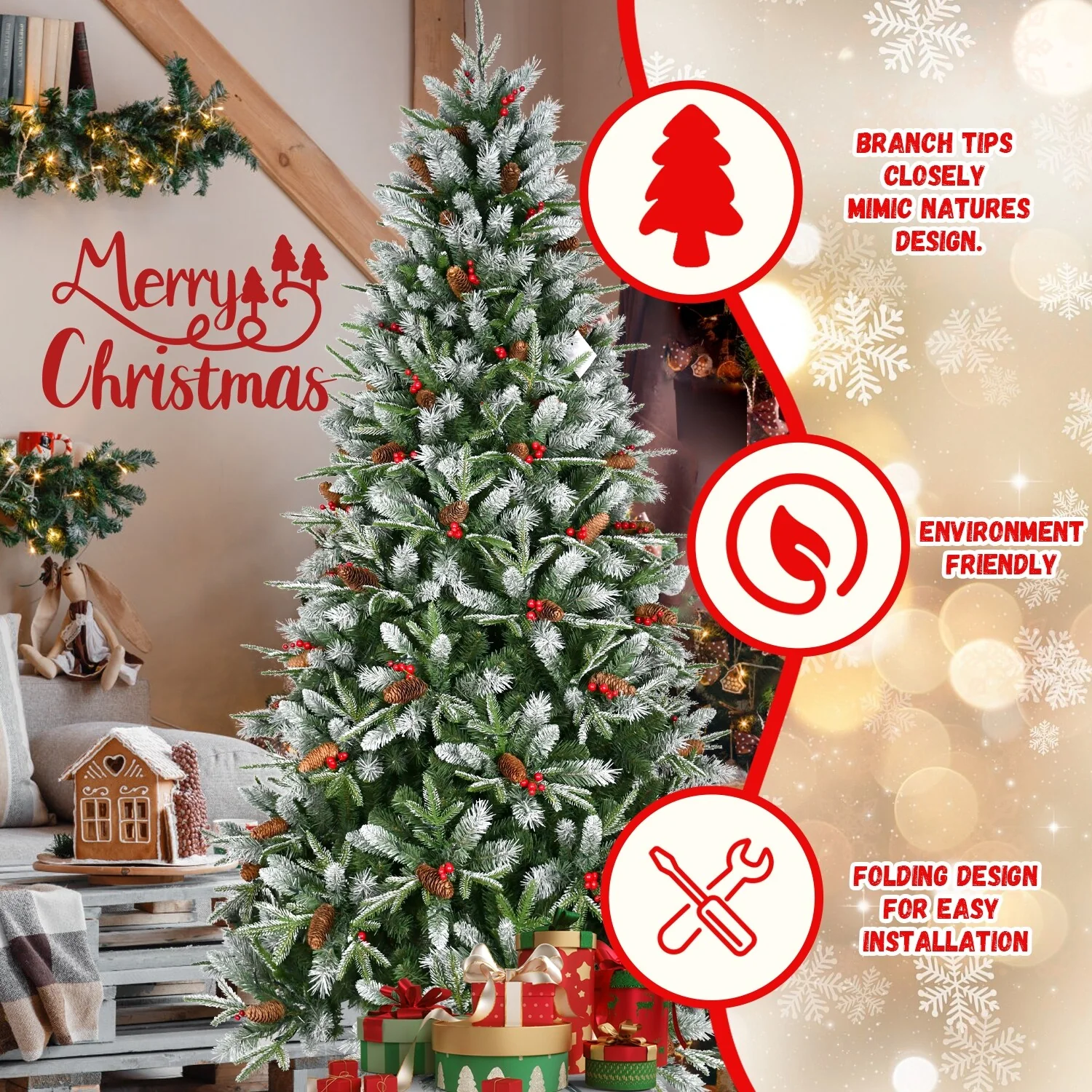 8ft Premium PE PVC Christmas Tree with 2850 Branch Tips, Red Berries, Pinecones