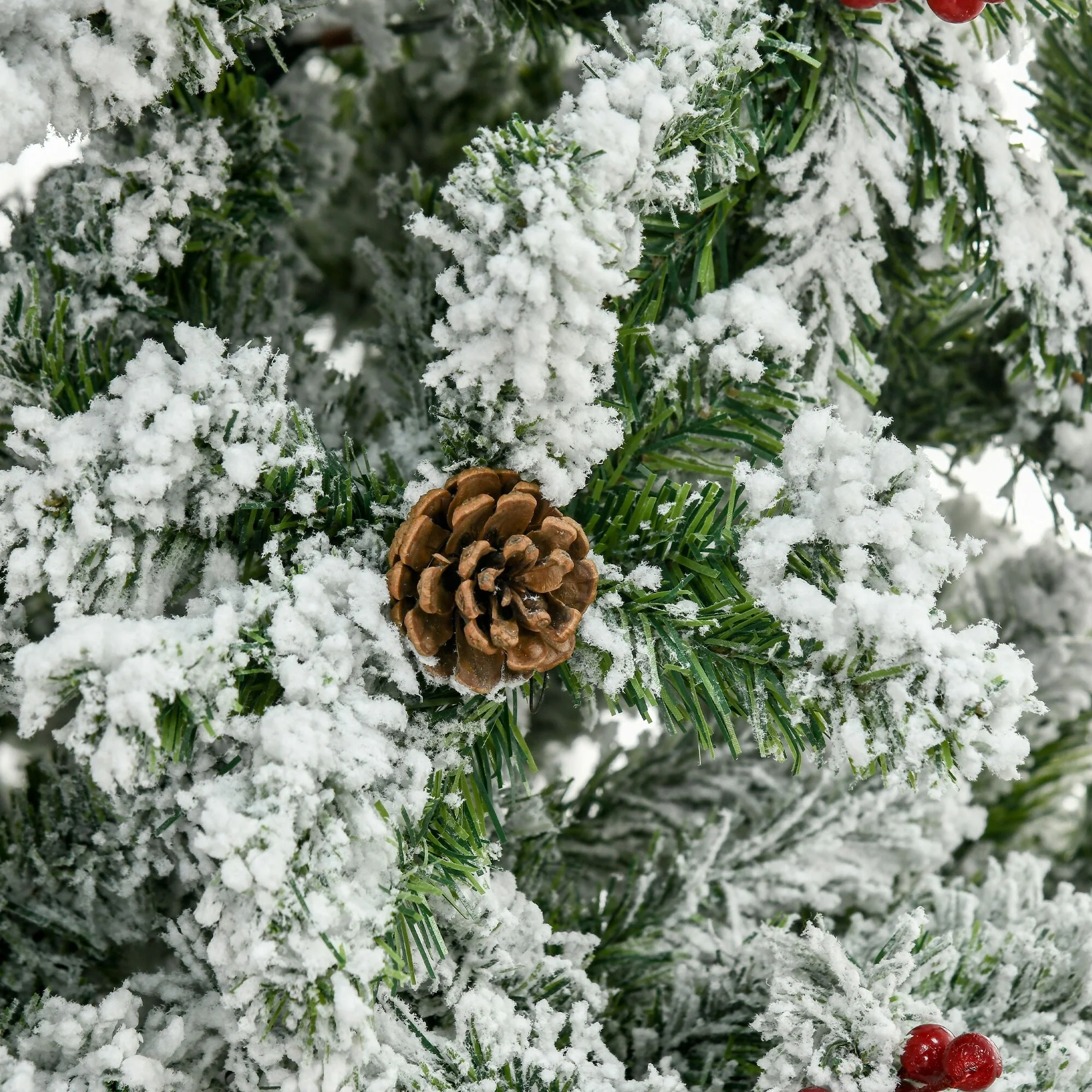 9' Pencil Snow Flocked Artificial Christmas Tree with Pine Realistic Branches, Pine Cones, Red Berries