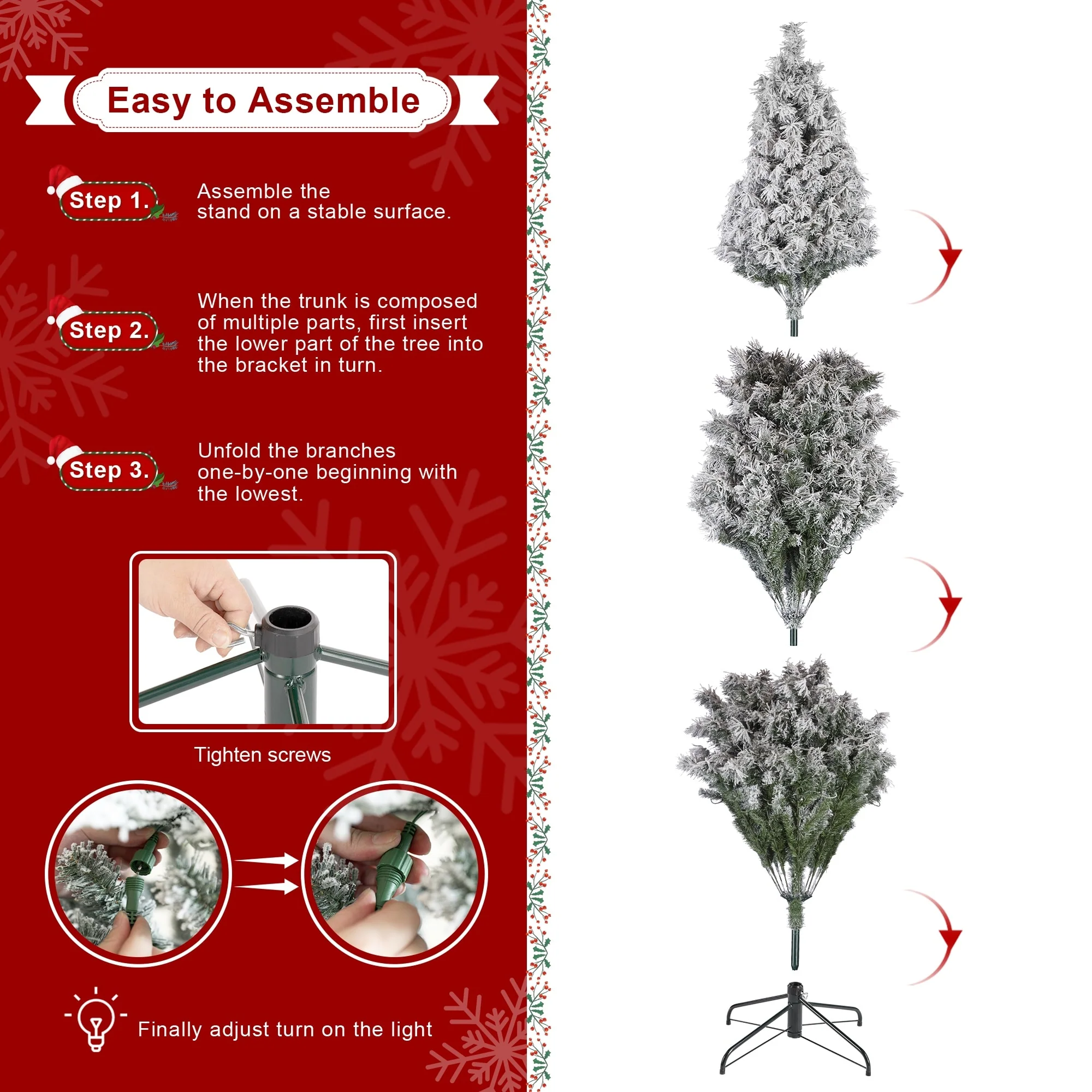 Glitzhome 7.5ft/9ft Pre-Lit Flocked Full Spruce Artificial Christmas Tree with C3 Lights Foot Switch