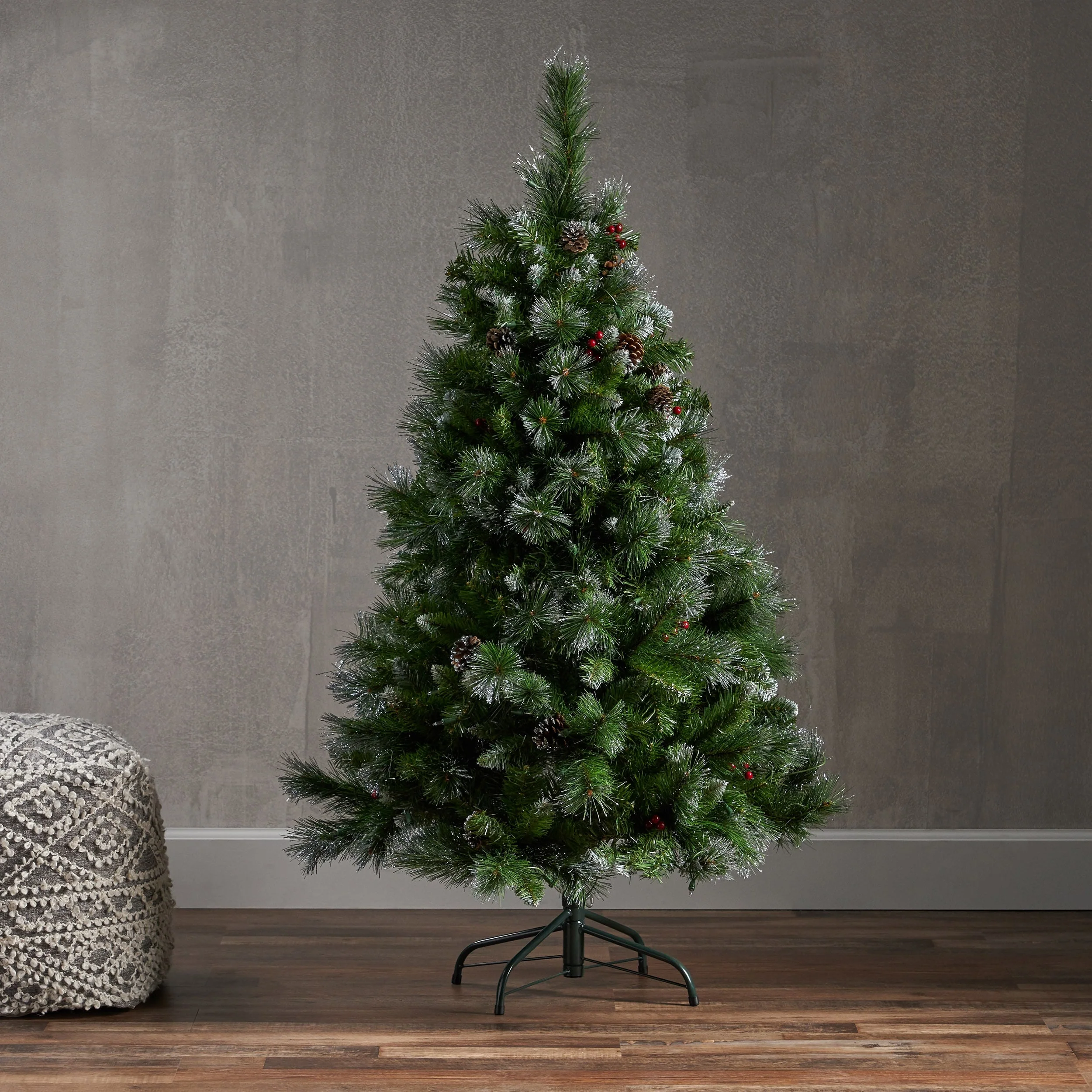 4.5FT Pre-Lit Glitter Bristle Christmas Tree with Pine Cones, Red Berries & 200 Clear Lights, Hinged for Easy Assembly