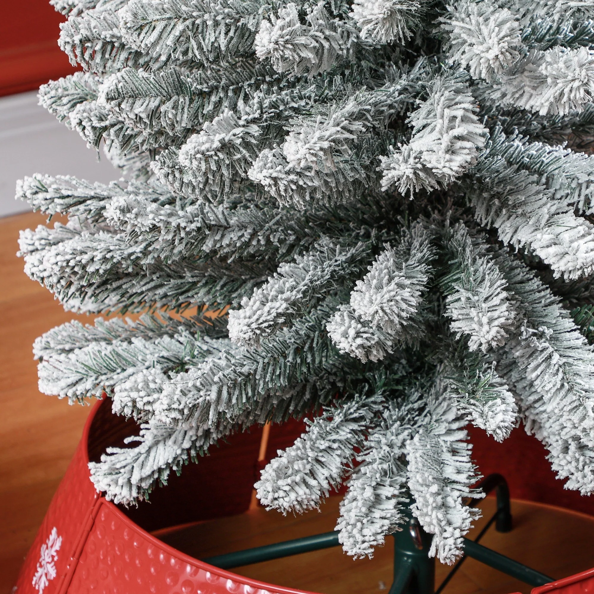 7ft Slim Snow Flocked Pencil Christmas Tree, 405 Tips with Metal Base, Ideal for Small Spaces & Foyers