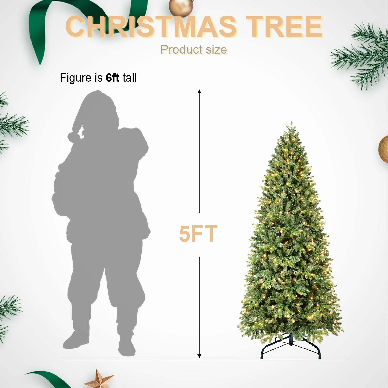 8FT/9FT Slim Pre-Lit Fir Artificial Christmas Tree, 'Feel Real' Needles, White Lights, Metal Hinged Branches & Base