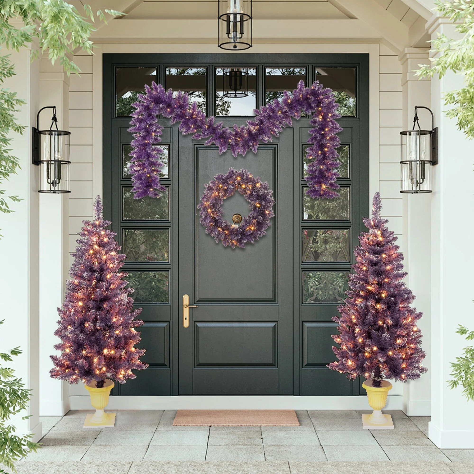 Purple Christmas Tree Set with 2 Entrance Trees, Wreath, and Garland, Pre-Lit LED Lights for Home Holiday Decoration