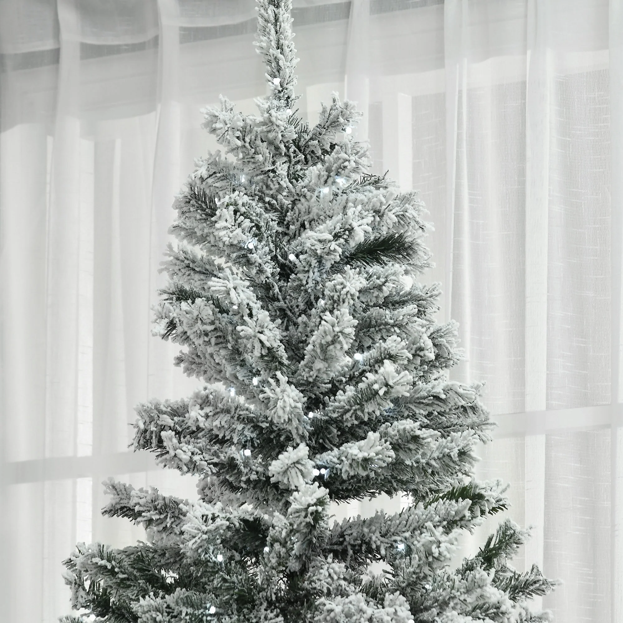Prelit 7.5' Snow Flocked Artificial Christmas Tree with Cold White LED Lights and Flame-Retardant Design