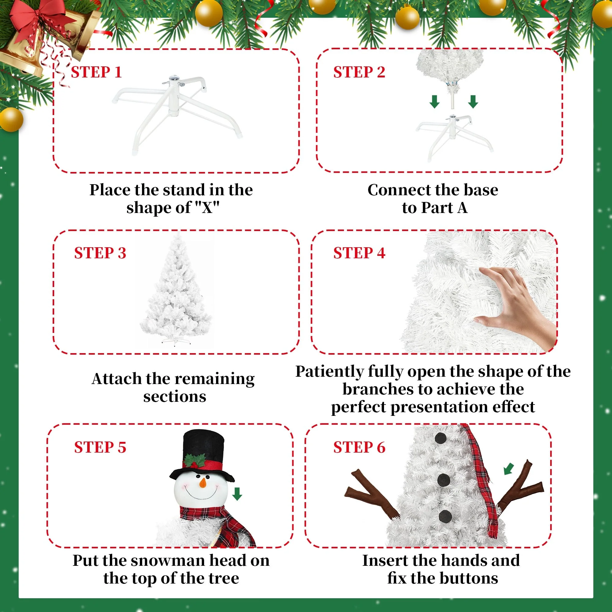 Pre-lit Snowman Christmas Tree, 4ft Artificial Holiday Tree with 100 Warm White LED Lights and 380 Branch Tips for Home