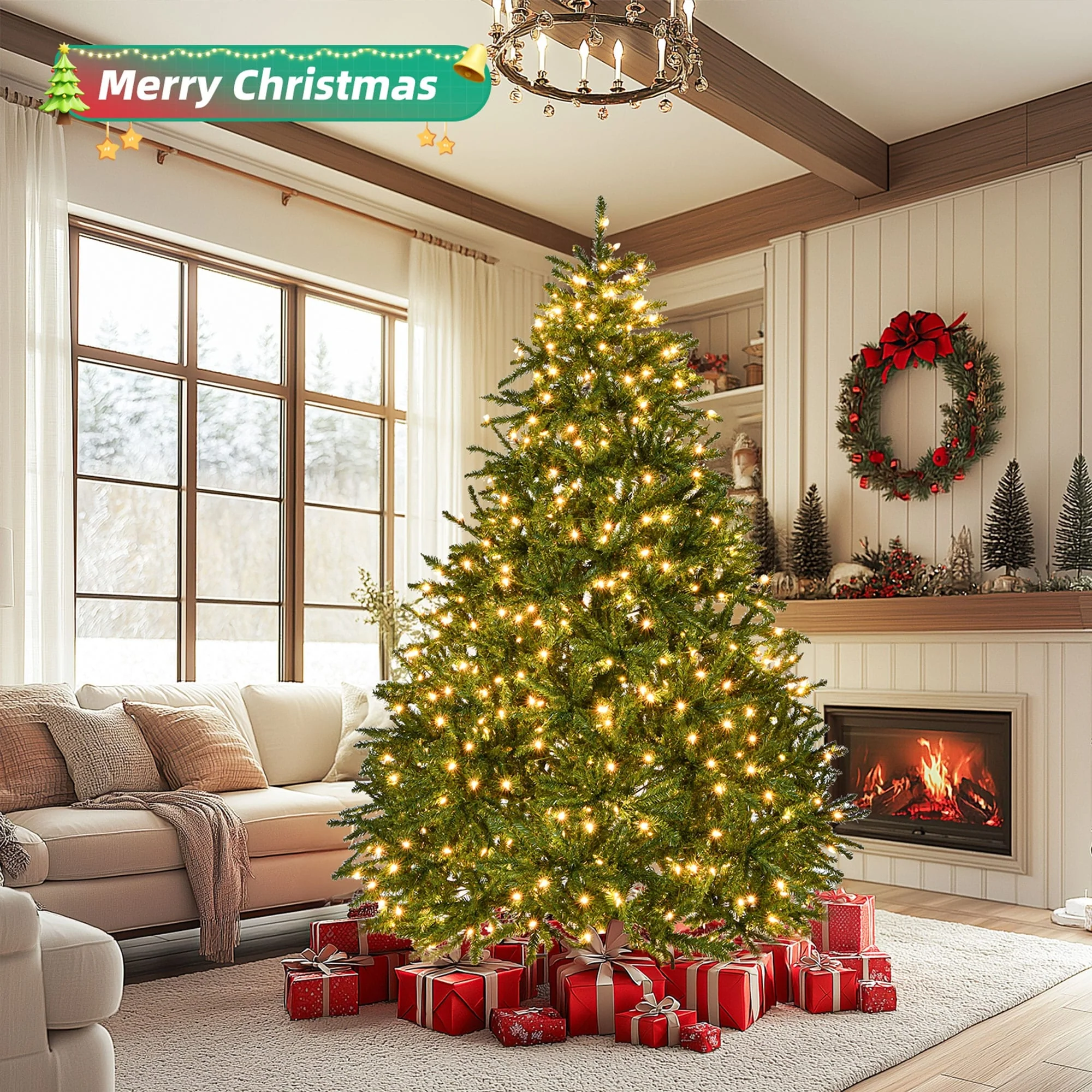 Full and Realistic 7ft Christmas Tree with 700 Warm White LEDs and 2231 Tips Easy Setup with Hinged Branches
