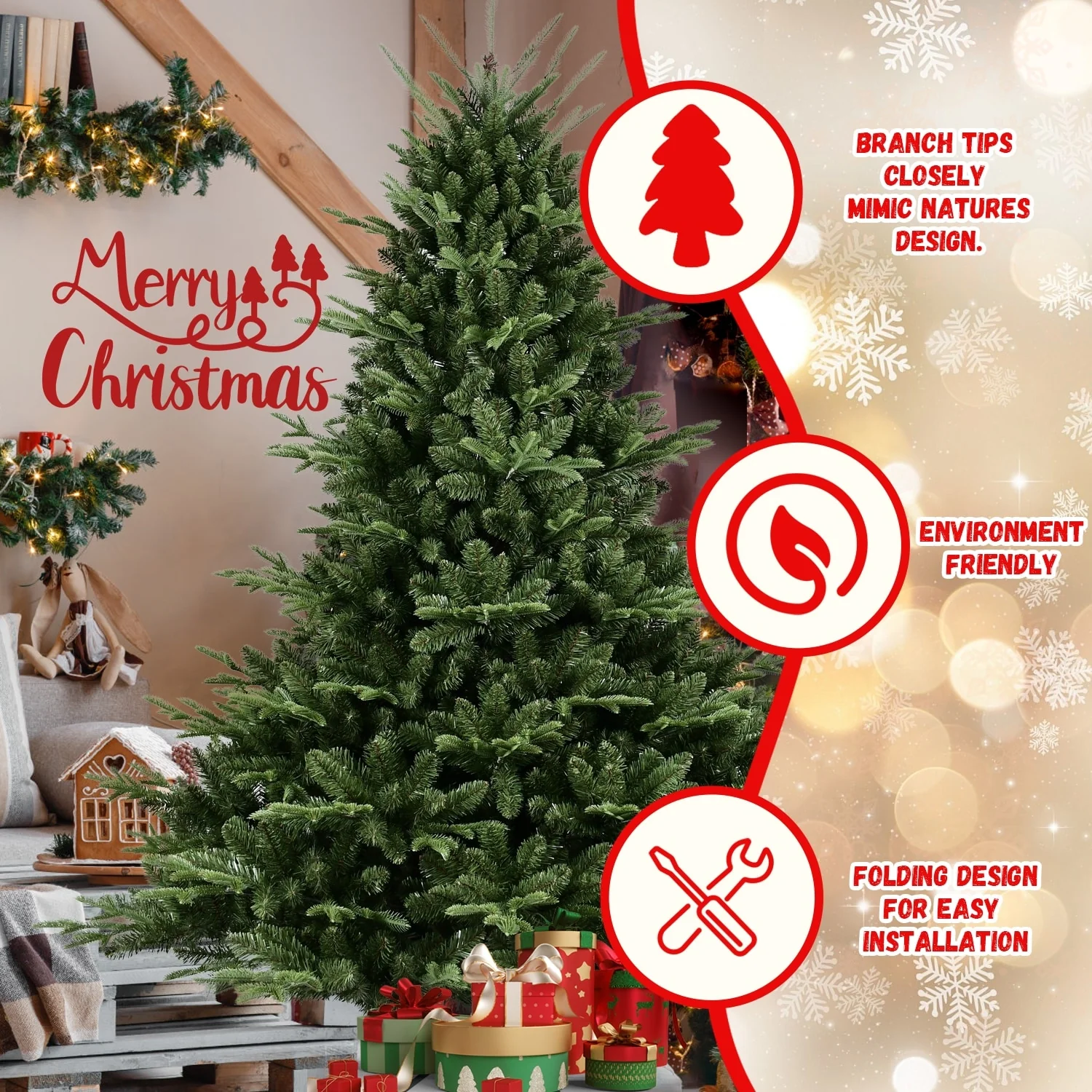 8-9FT Hinged Artificial Christmas Tree with Flame-Retardant PE/PVC, Foldable Stand