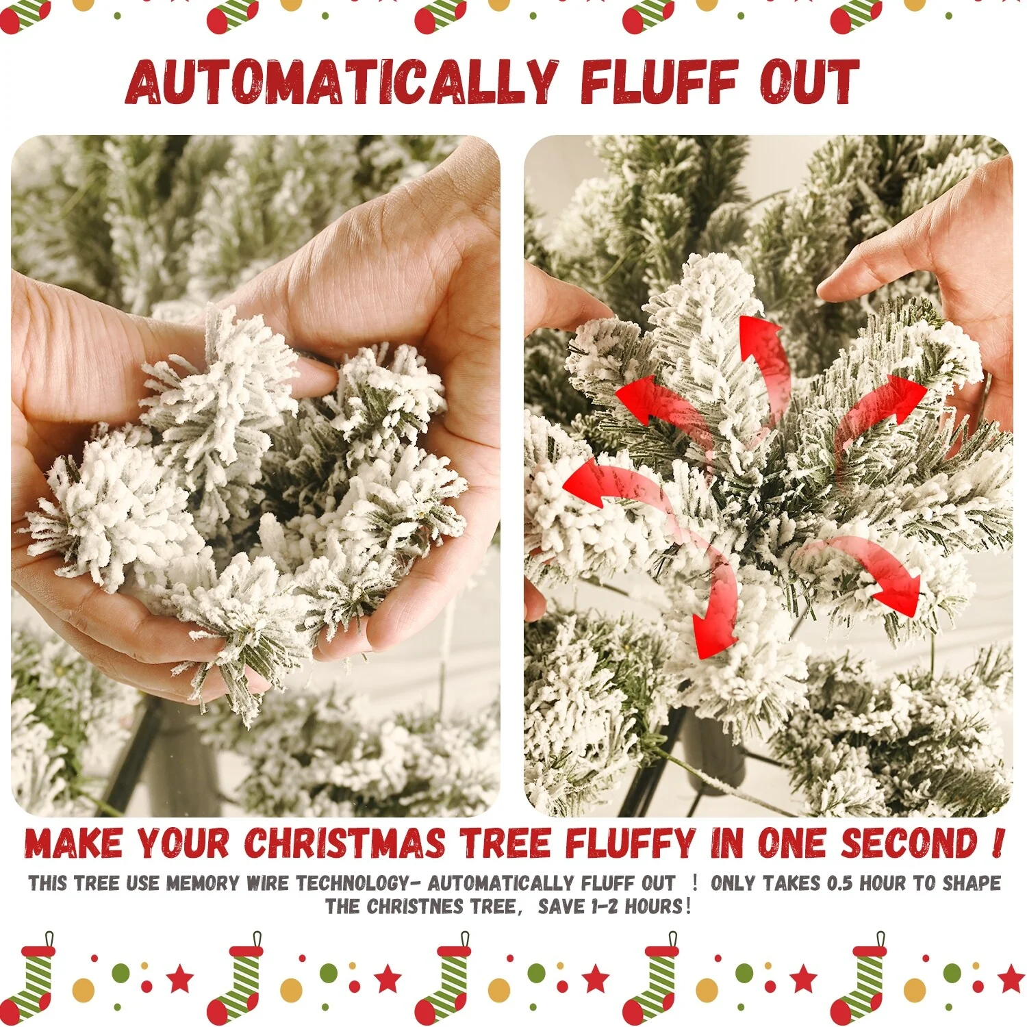 8ft Artificial Snow-Flocked Christmas Tree with LED Lights, Memory Wire, and Easy Power Setup