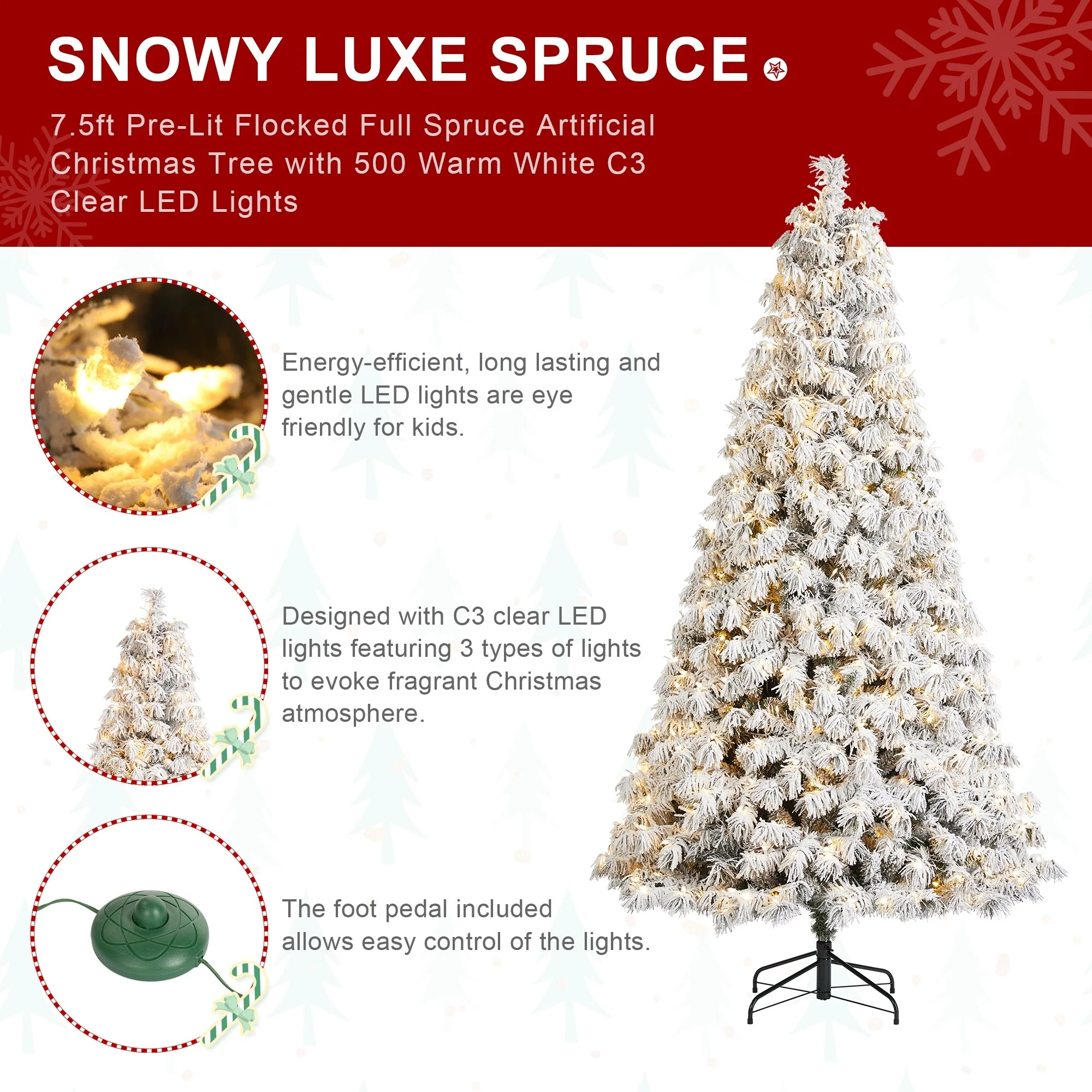 Glitzhome 7.5ft/9ft Pre-Lit Flocked Full Spruce Artificial Christmas Tree with C3 Lights Foot Switch