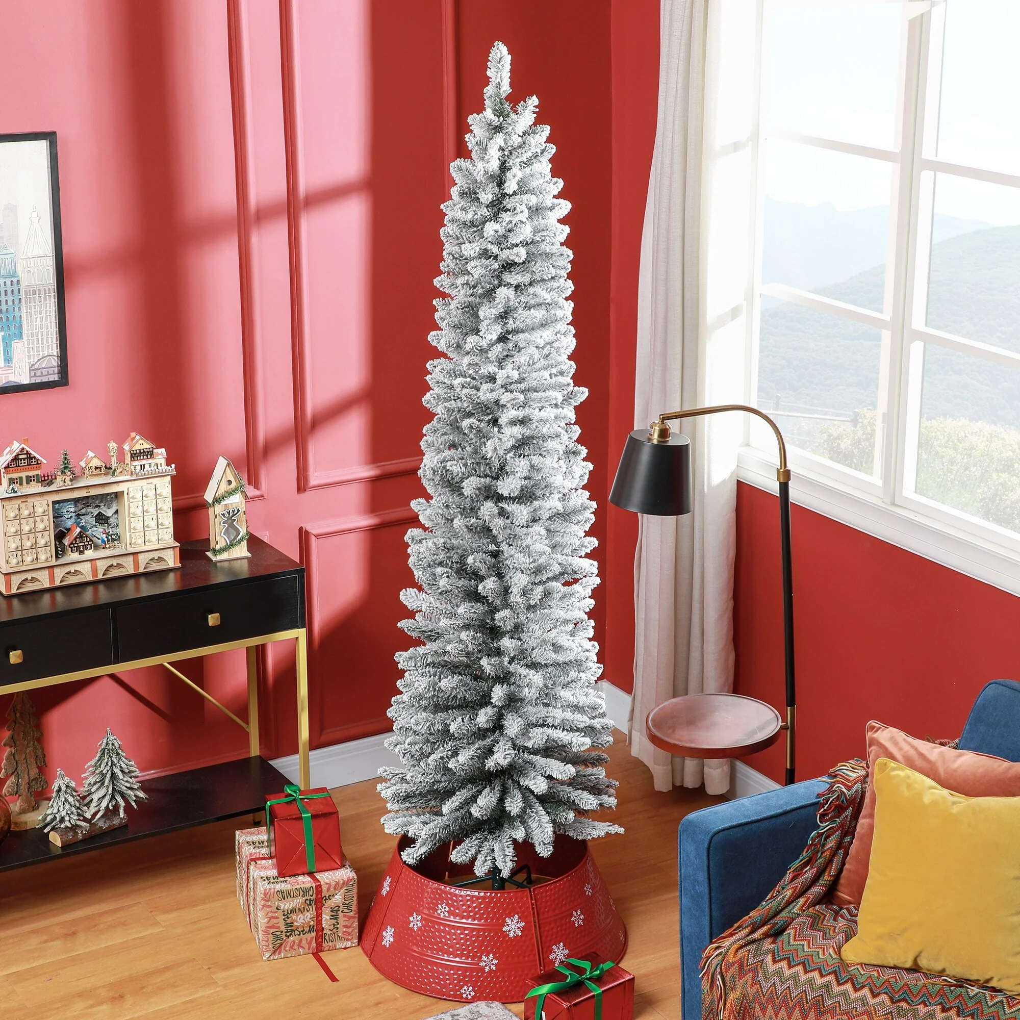 7ft Slim Snow Flocked Pencil Christmas Tree, 405 Tips with Metal Base, Ideal for Small Spaces & Foyers