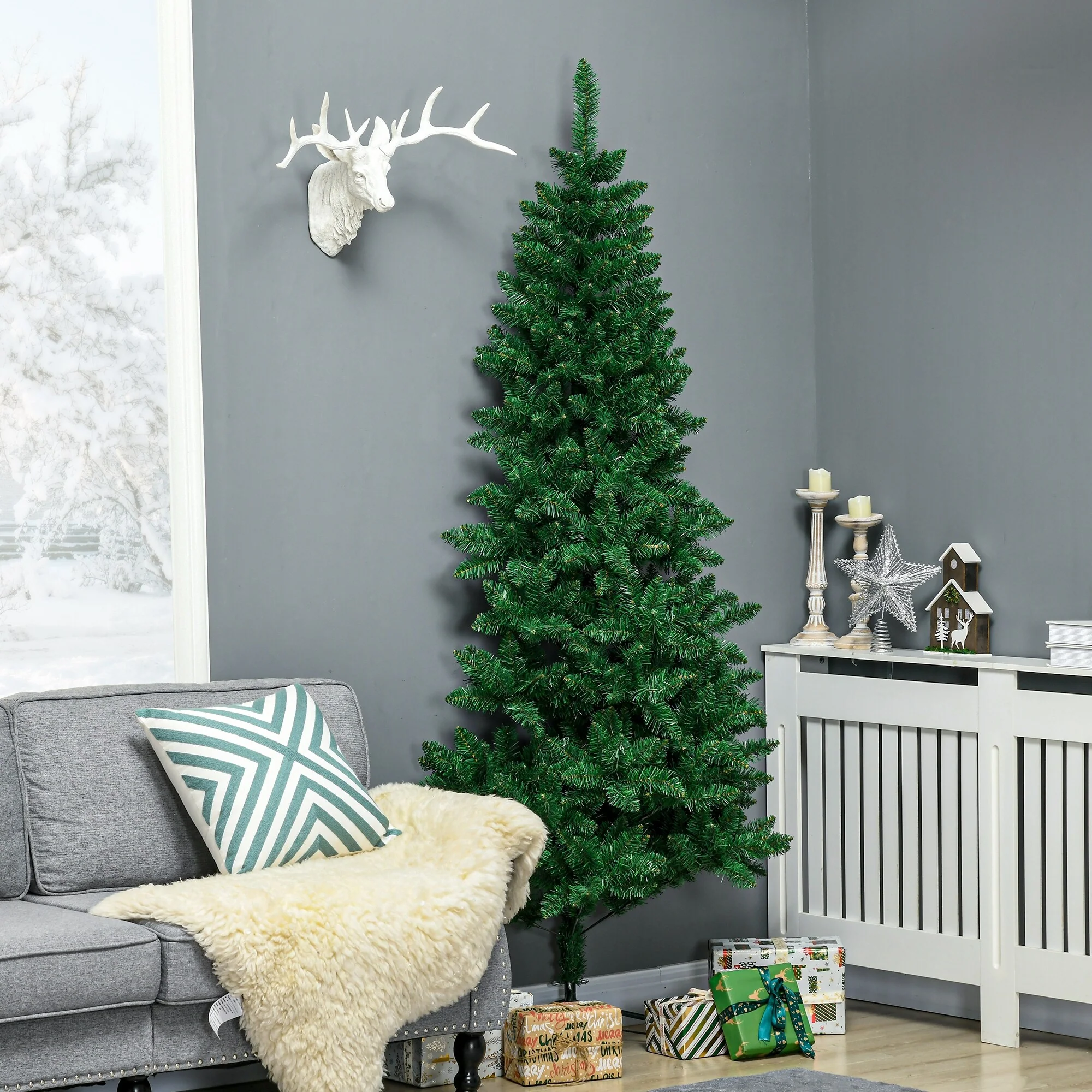 Space-Saving 5ft/7ft Half Christmas Tree, Unlit Artificial Tree with Steel Base and Wall-Fit Design