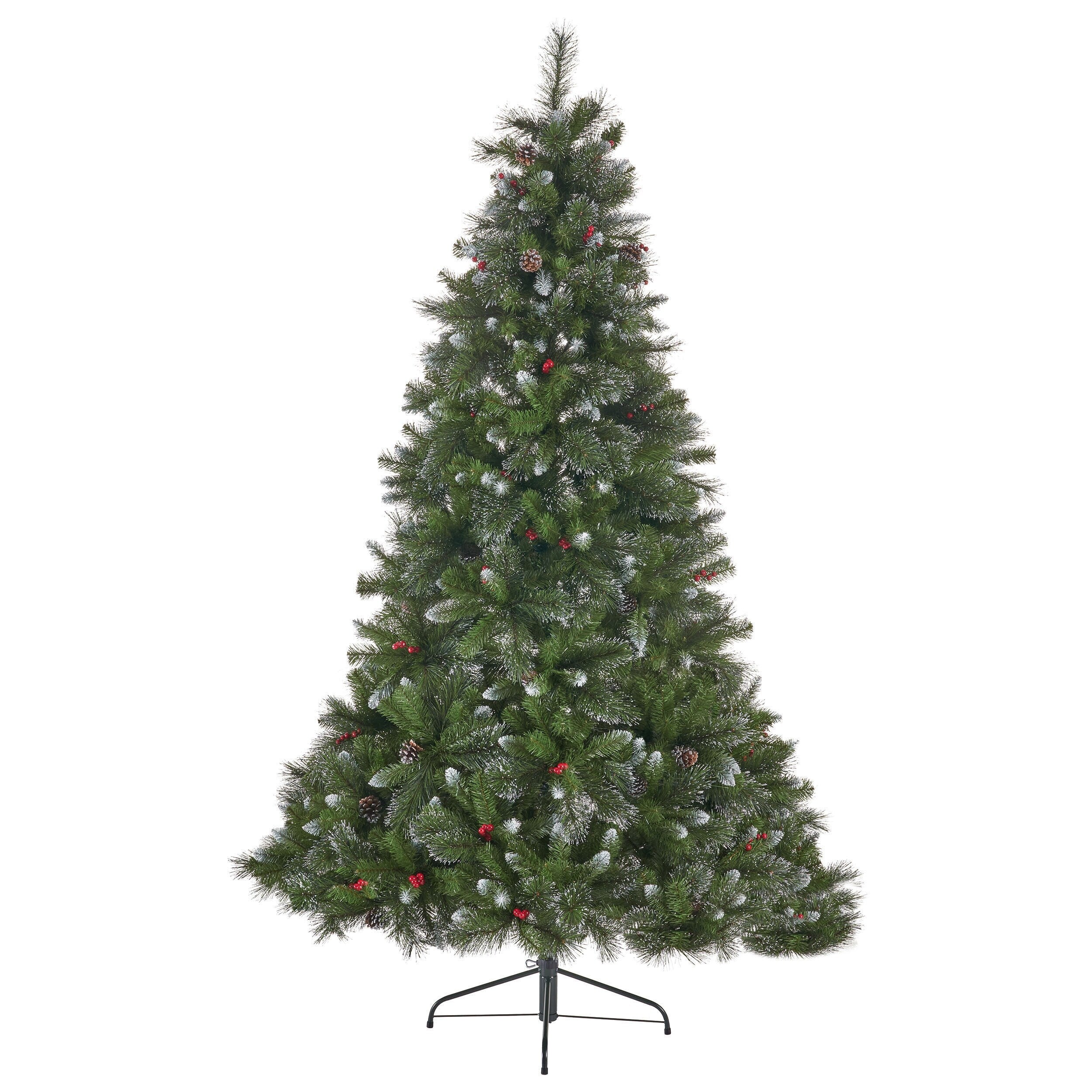 9-Foot Hinged Christmas Tree, Unlit, 2099 Tips with Red Berries and Pine Cones, Perfect for Large Indoor Spaces