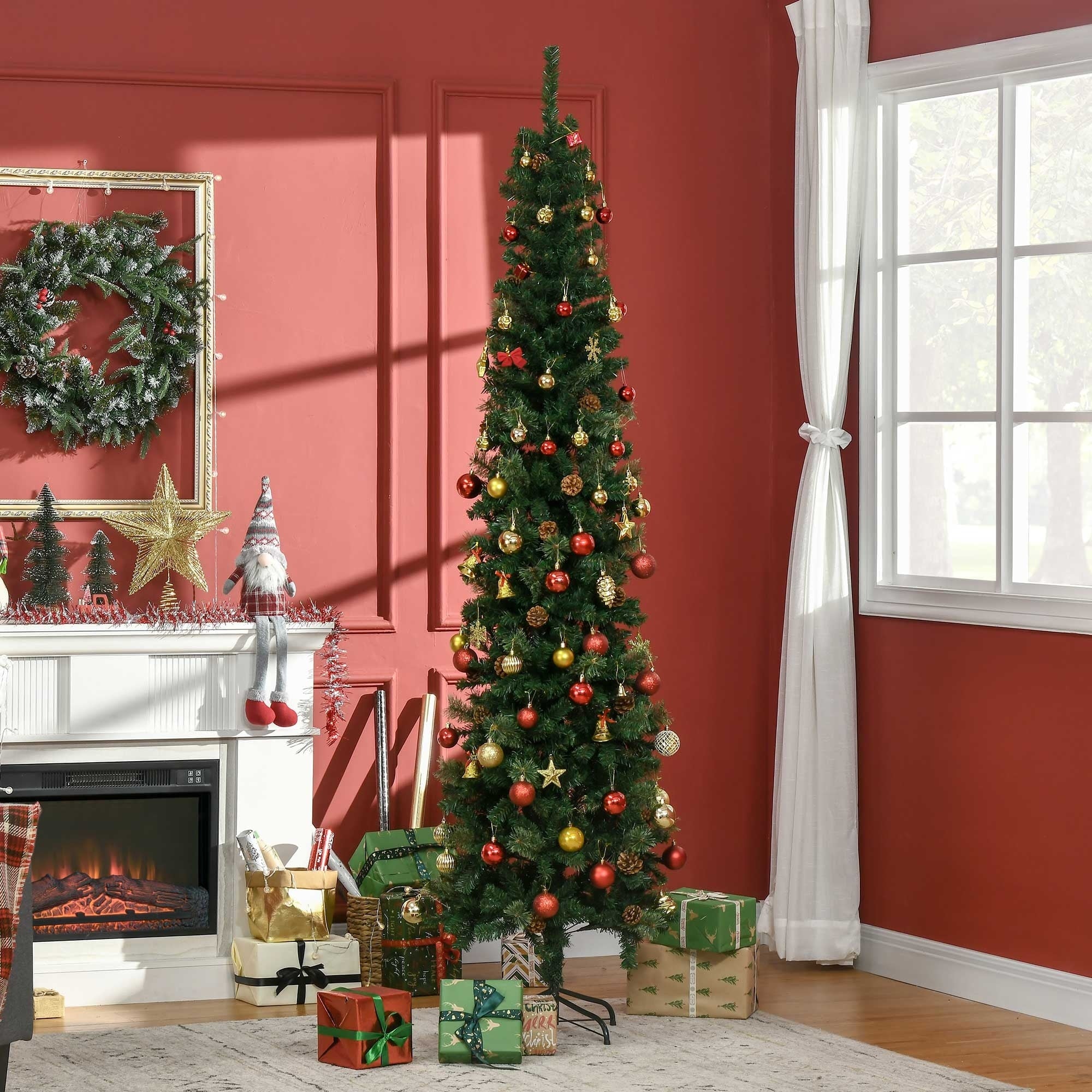 Slim 7.5' Unlit Pencil Christmas Tree with Realistic Pine Branches and Pine Cones, Easy Assembly for Small Spaces