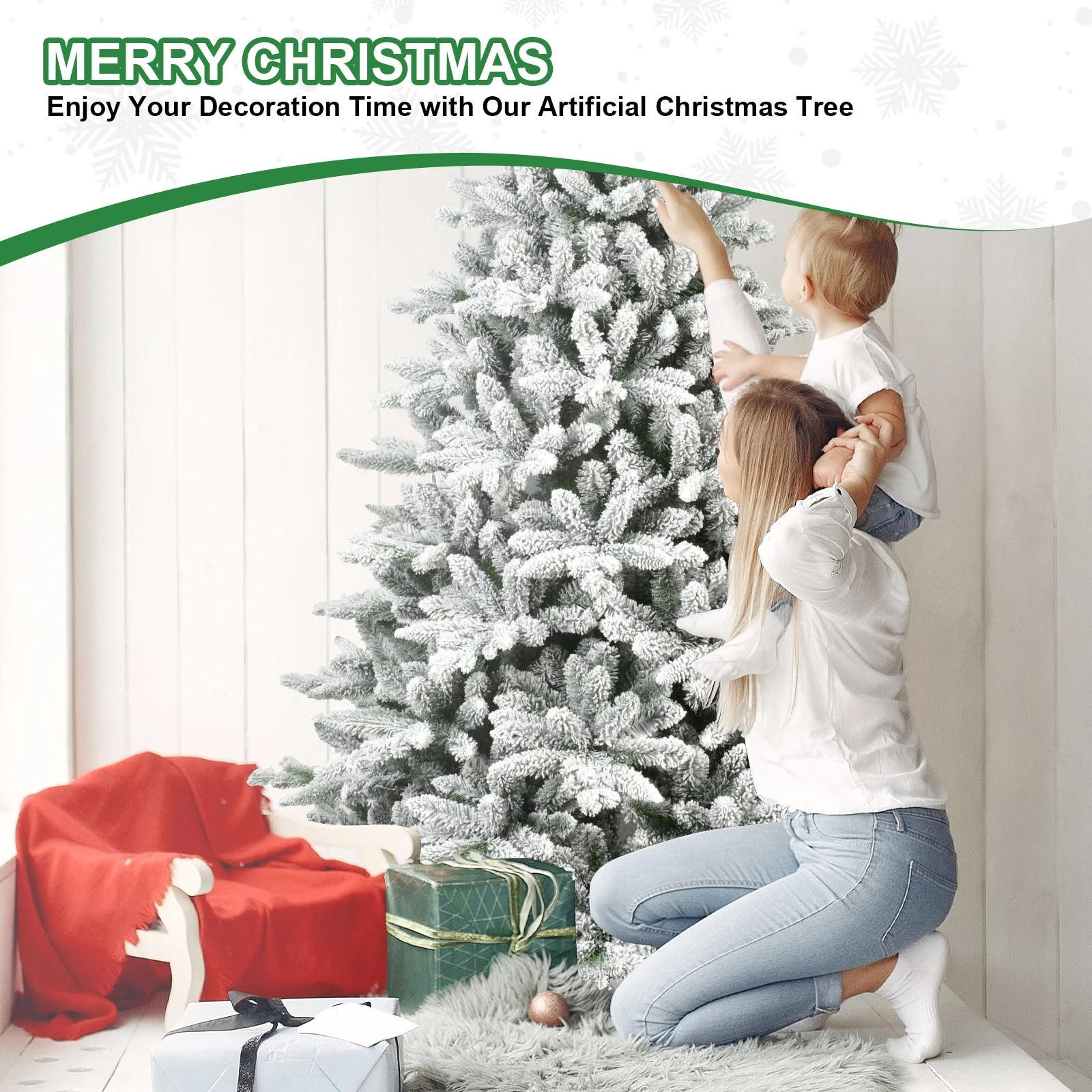 5FT Snowy Flocked Christmas Tree with Easy Hinged Setup and Metal Stand