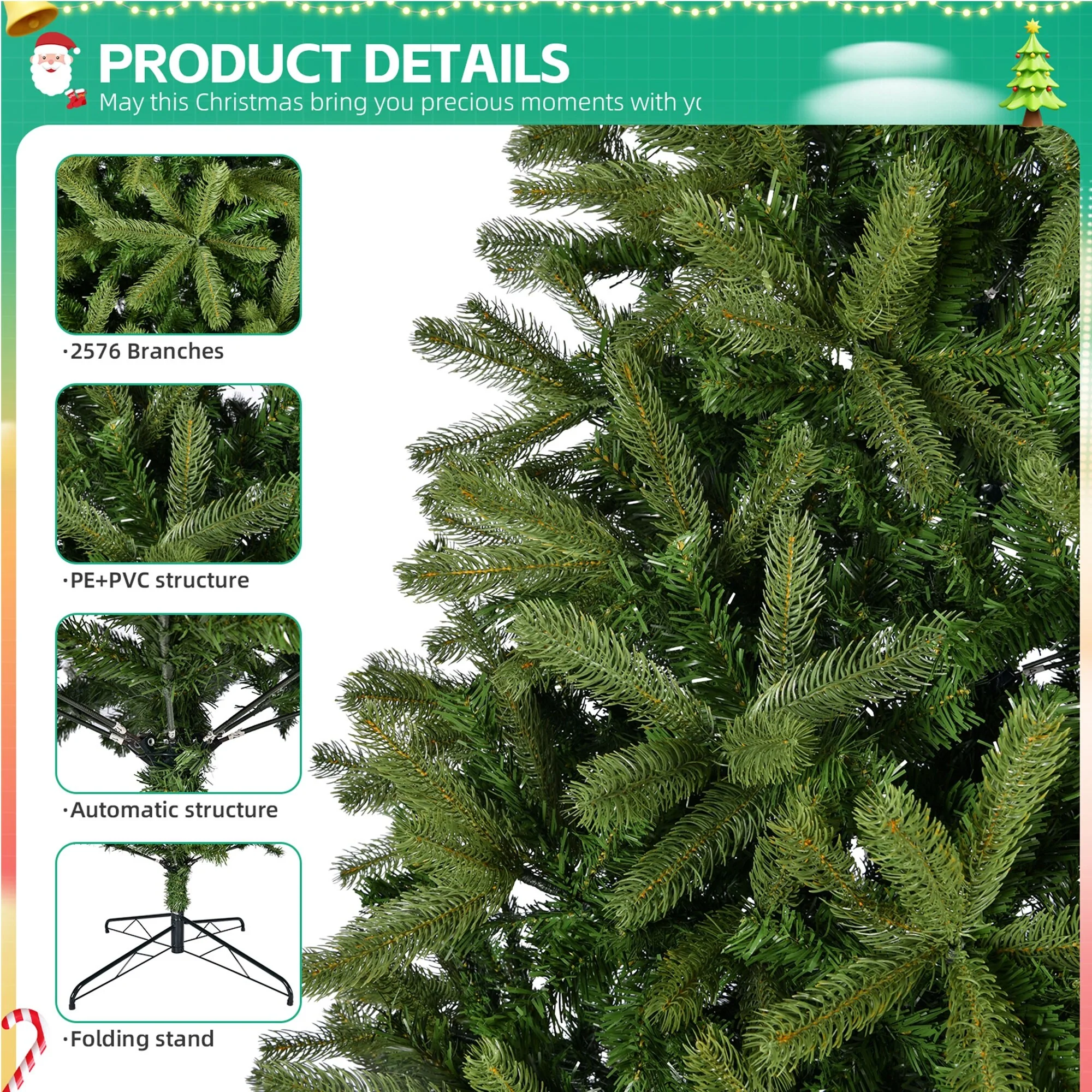 9FT Artificial Christmas Tree, 2576 Mixed PE & PVC Branch Tips, Unlit, Hinged Full-Bodied Spruce, Easy Assembly & Metal Stand