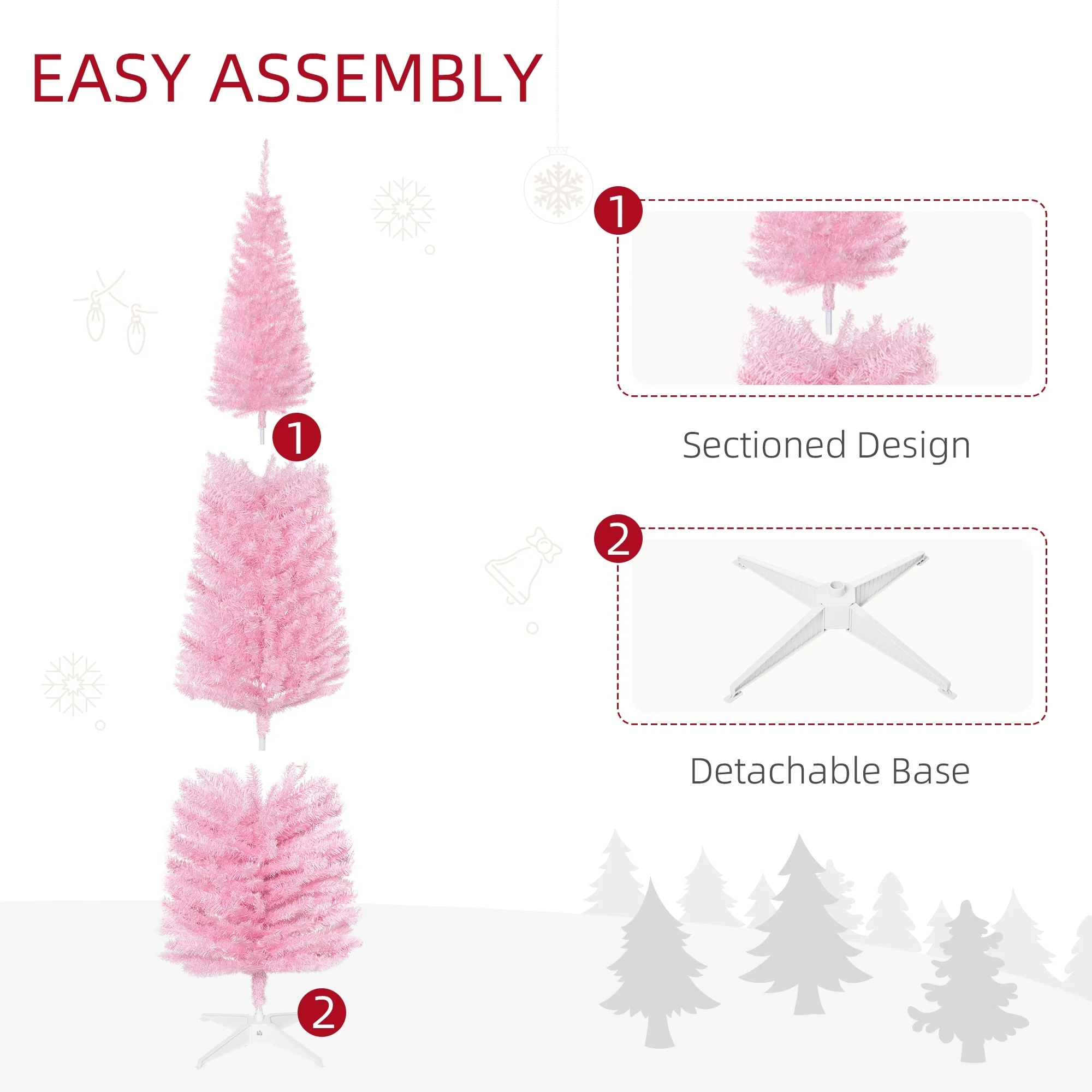 Snow-Flocked 6ft/5ft/7ft Pencil Christmas Tree, Slim Unlit Artificial Tree with Realistic Branches and Plastic Stand