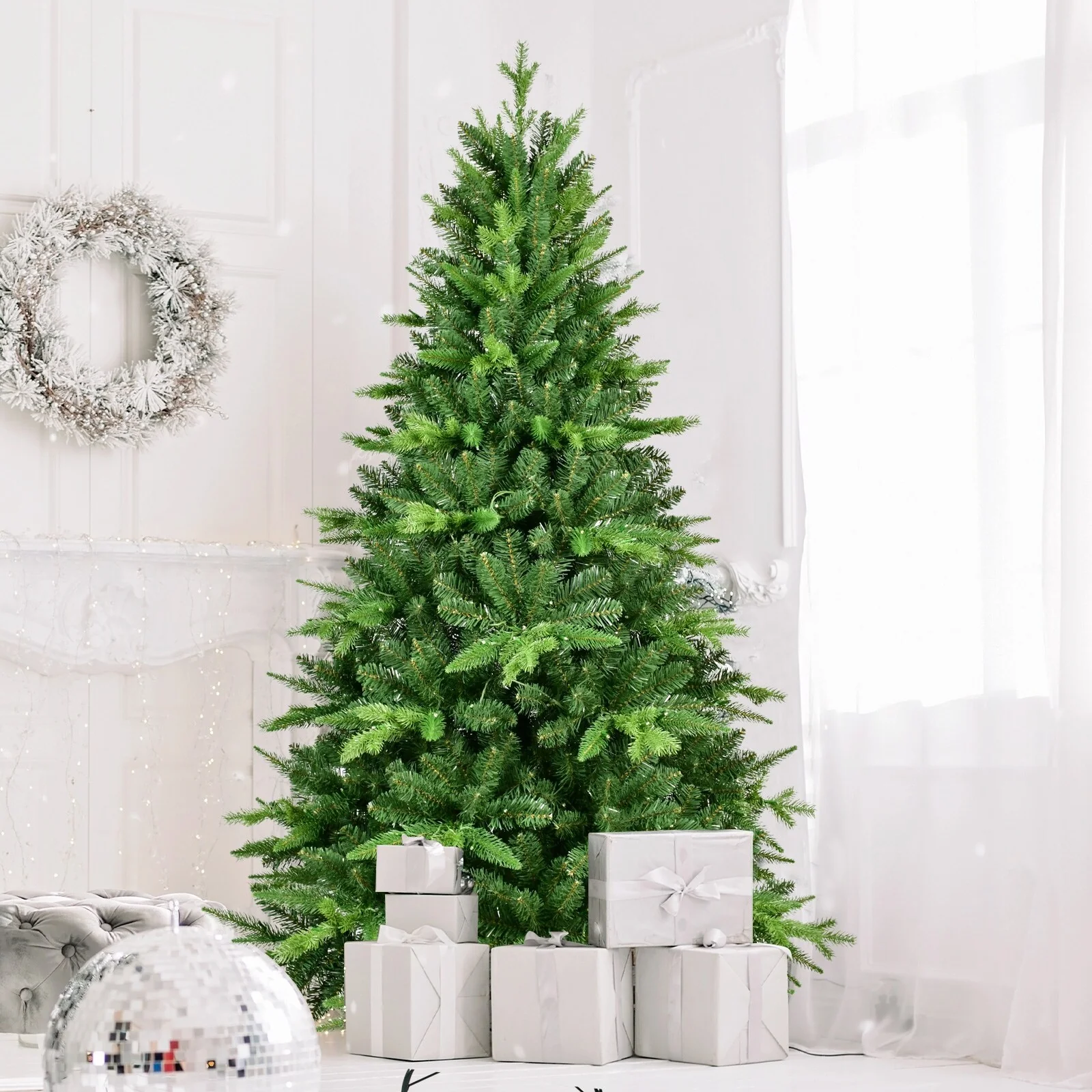 6FT Artificial Christmas Tree with 350 LED Lights, Realistic PE&PVC Tips, Fluffy Branches, Stable Stand