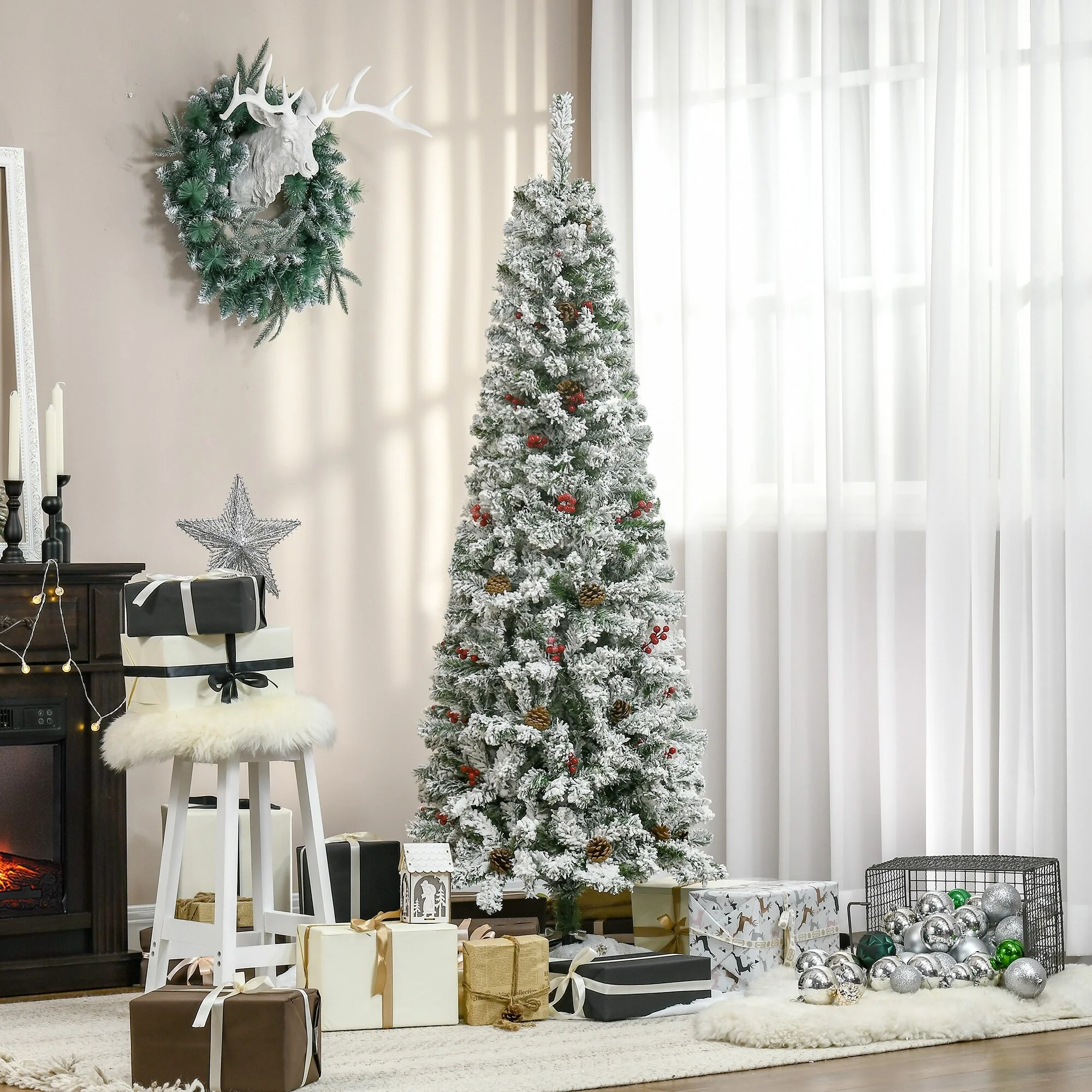 Unlit 6ft/7.5ft Snow-Flocked Pencil Christmas Tree, Pine with Realistic Branches, Pine Cones, and Red Berries