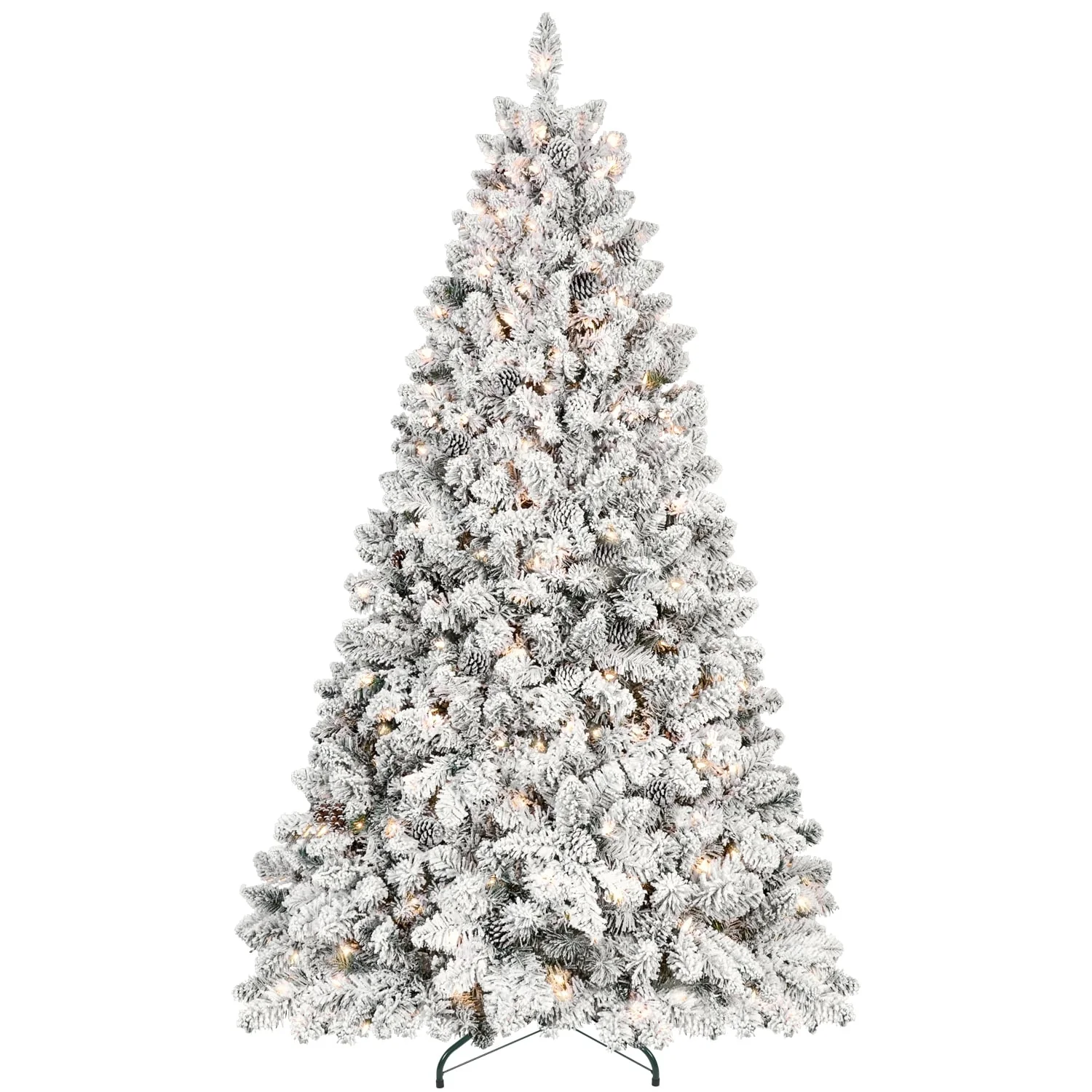 Snow-Flocked Christmas Tree with Pine Cones, Hinged Branches, Prelit, Metal Stand - 6ft to 9ft Sizes