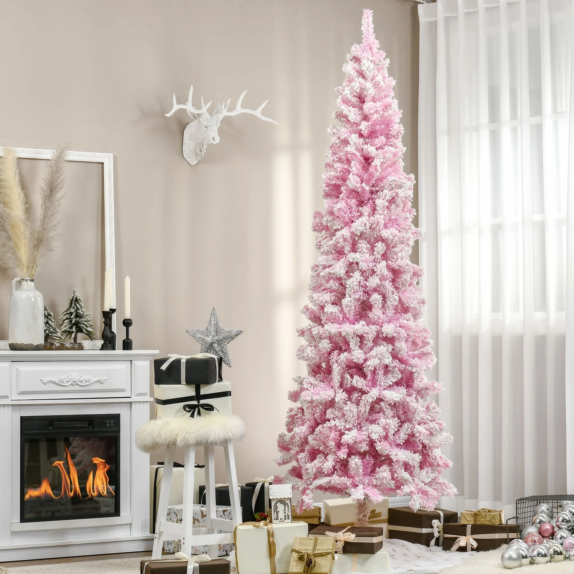 7.5' Snow-Flocked Unlit Artificial Christmas Tree, Slim Pencil Shape with Realistic Branches and Pine Style
