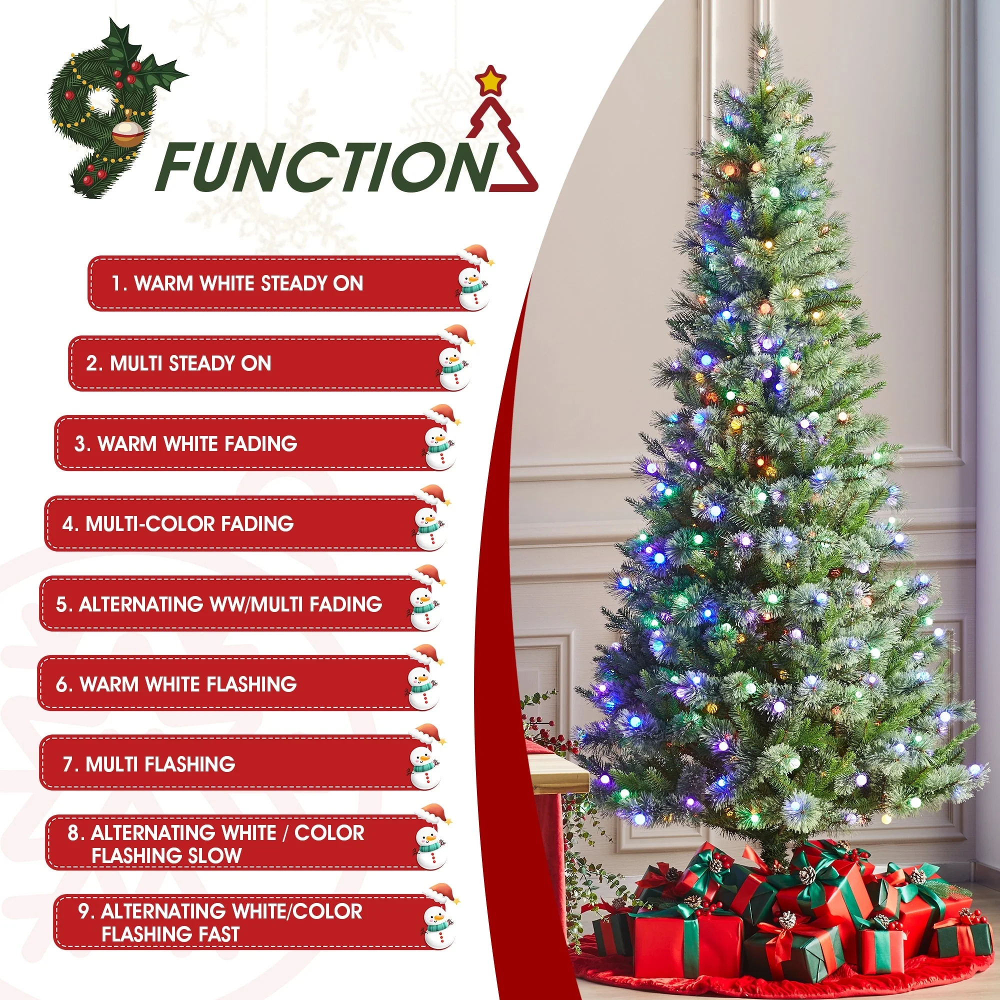 Glitzhome 7.5ft/9ft Pre-Lit Green Slim Pine Artificial Christmas Tree with Foot Pedal & Remote Control