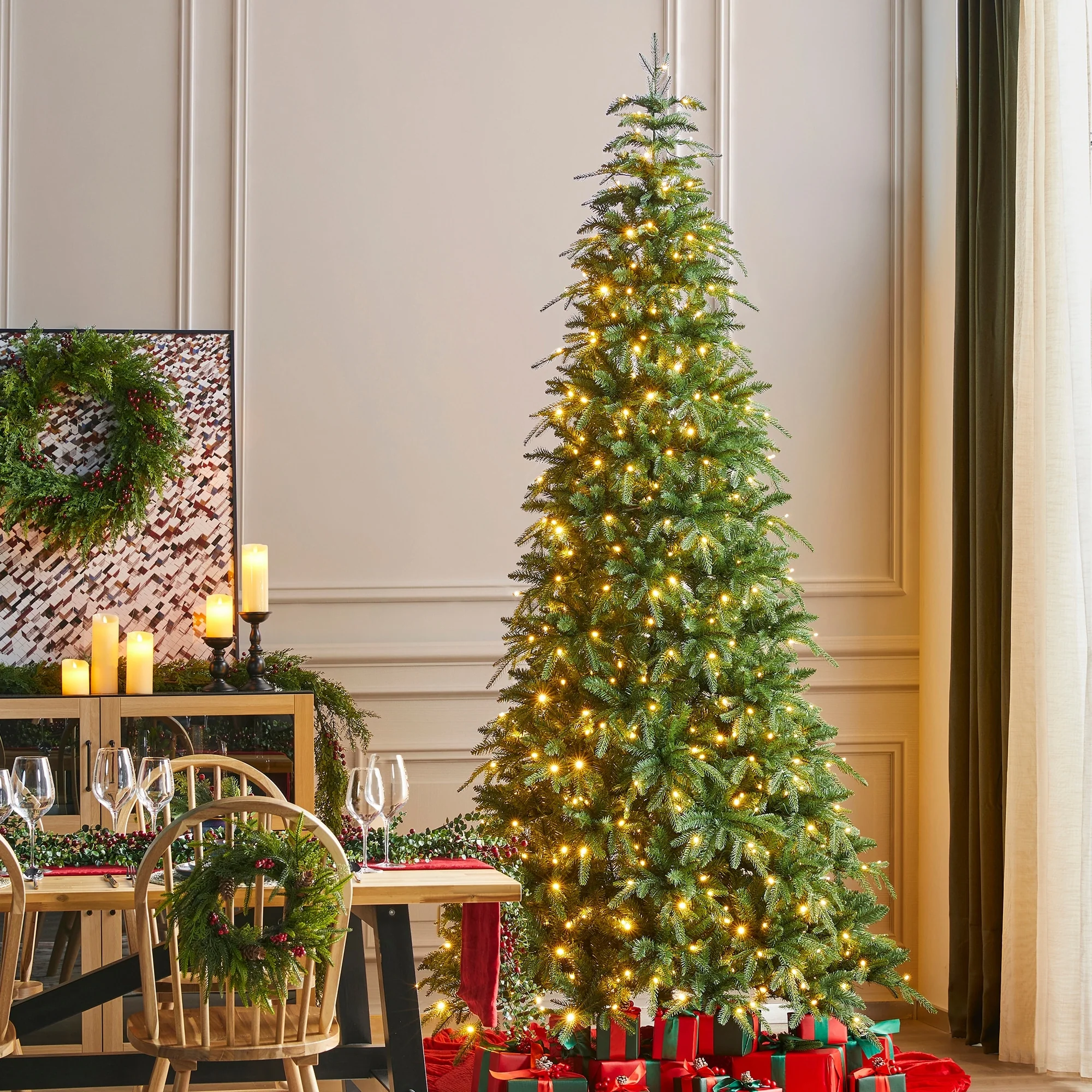 Glitzhome 7.5FT/9FT/11FT/15FT Pre-Lit Green Slim Fir Artificial Christmas Tree with Remote Control