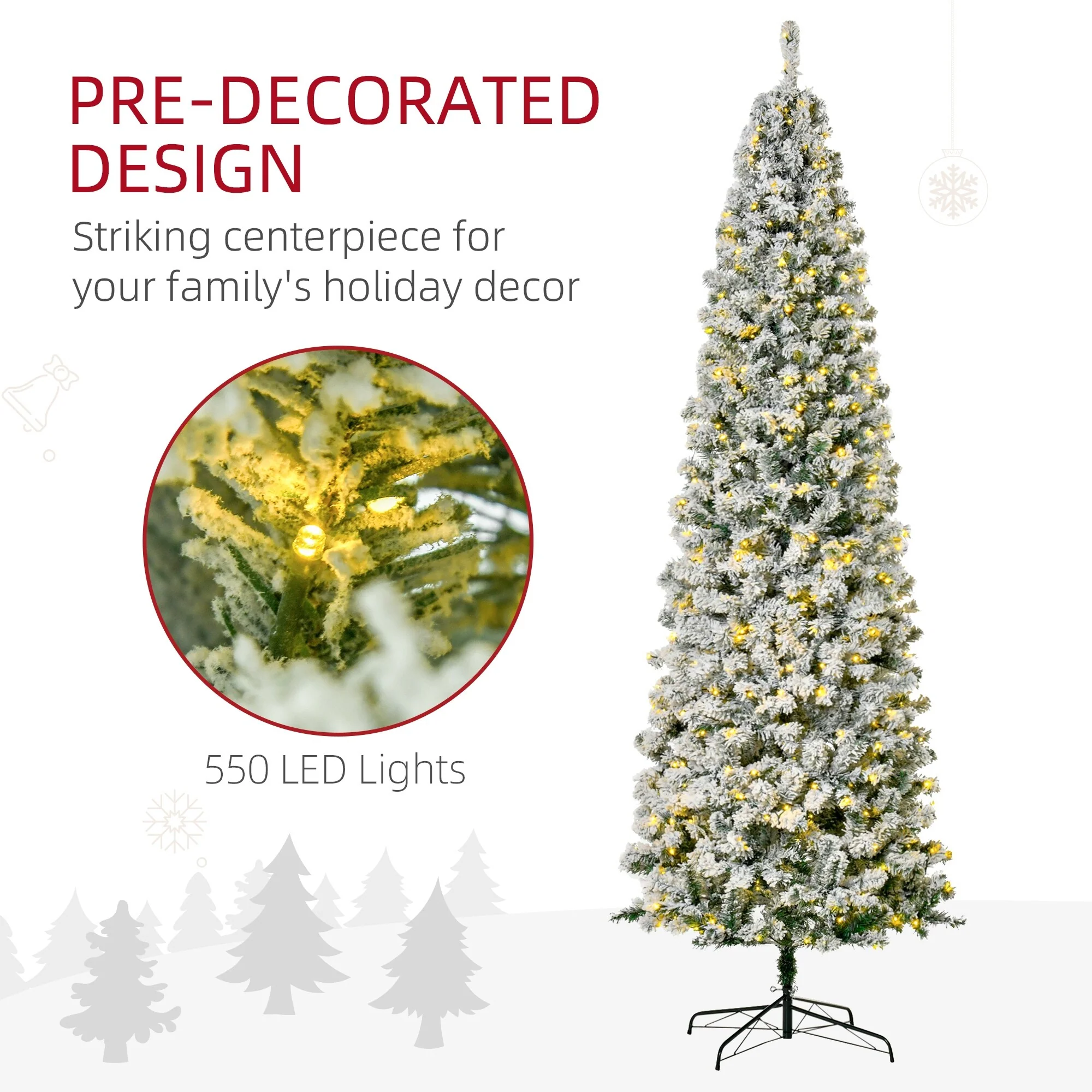 Slim Pre-Lit Snow-Flocked Douglas Fir Christmas Tree with Warm White LED Lights and Tips - 6ft/7.5ft/9ft Options