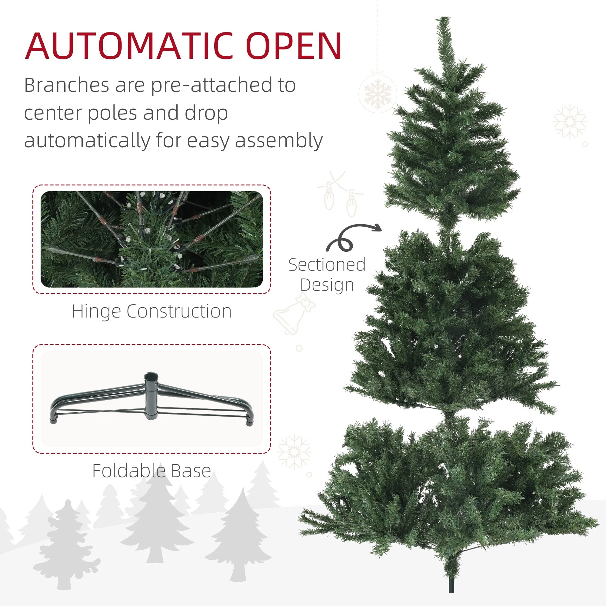 Unlit 6ft/7.5ft/9ft Artificial Christmas Tree, Auto Open Xmas Tree with 1000-2132 Branch Tips & Sturdy Steel Stand