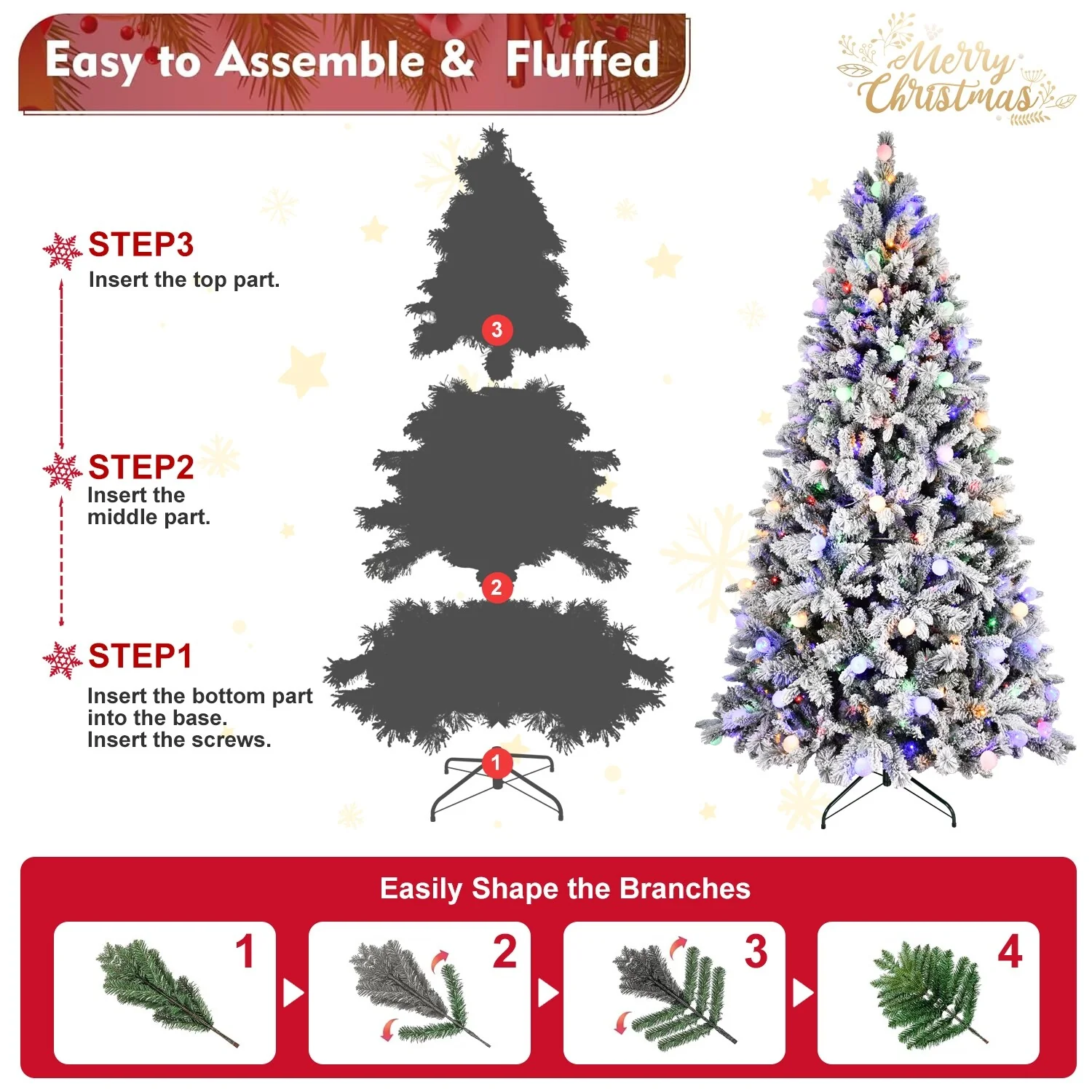 8ft Artificial Snow-Flocked Christmas Tree with LED Lights, Memory Wire, and Easy Power Setup