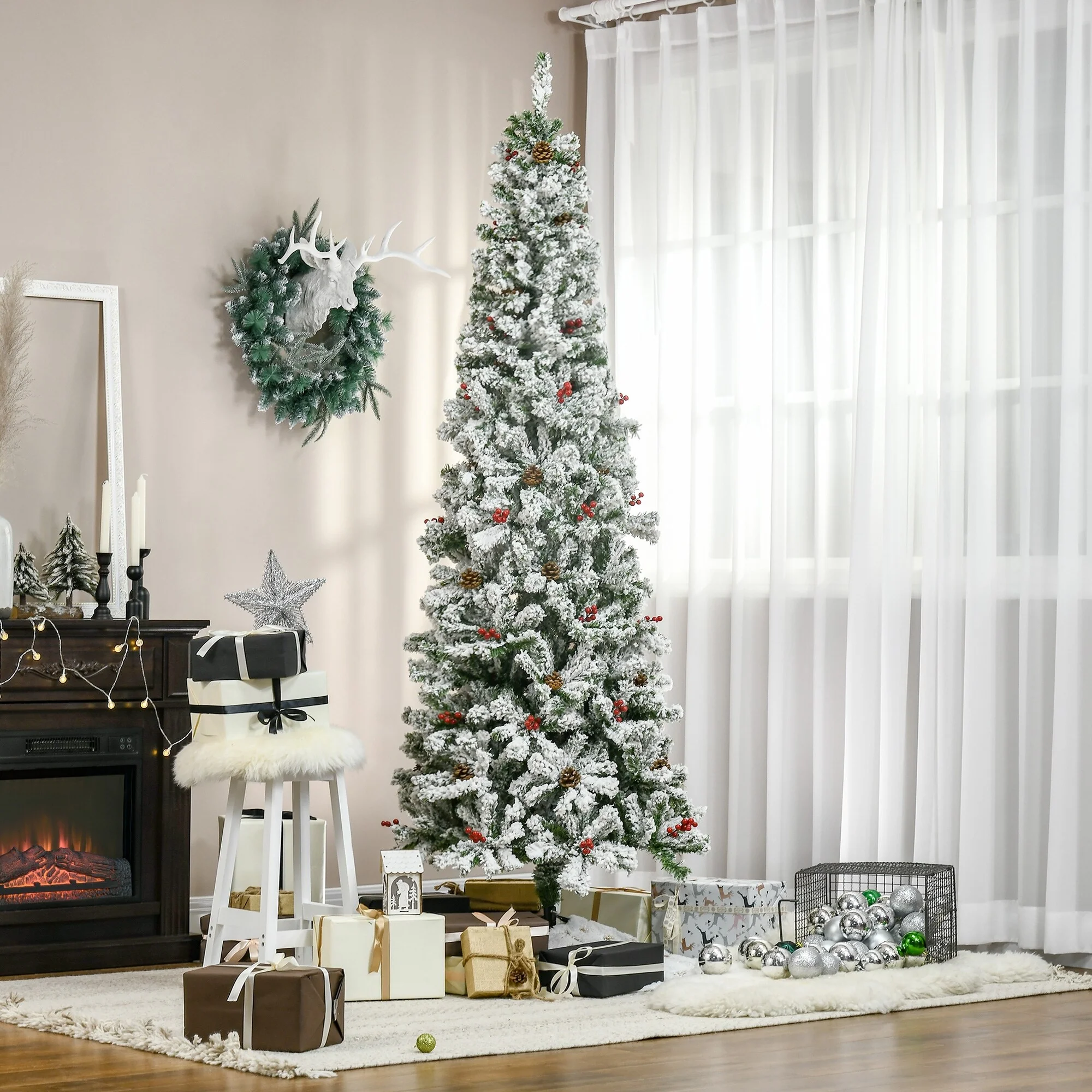 Unlit 6ft/7.5ft Snow-Flocked Pencil Christmas Tree, Pine with Realistic Branches, Pine Cones, and Red Berries