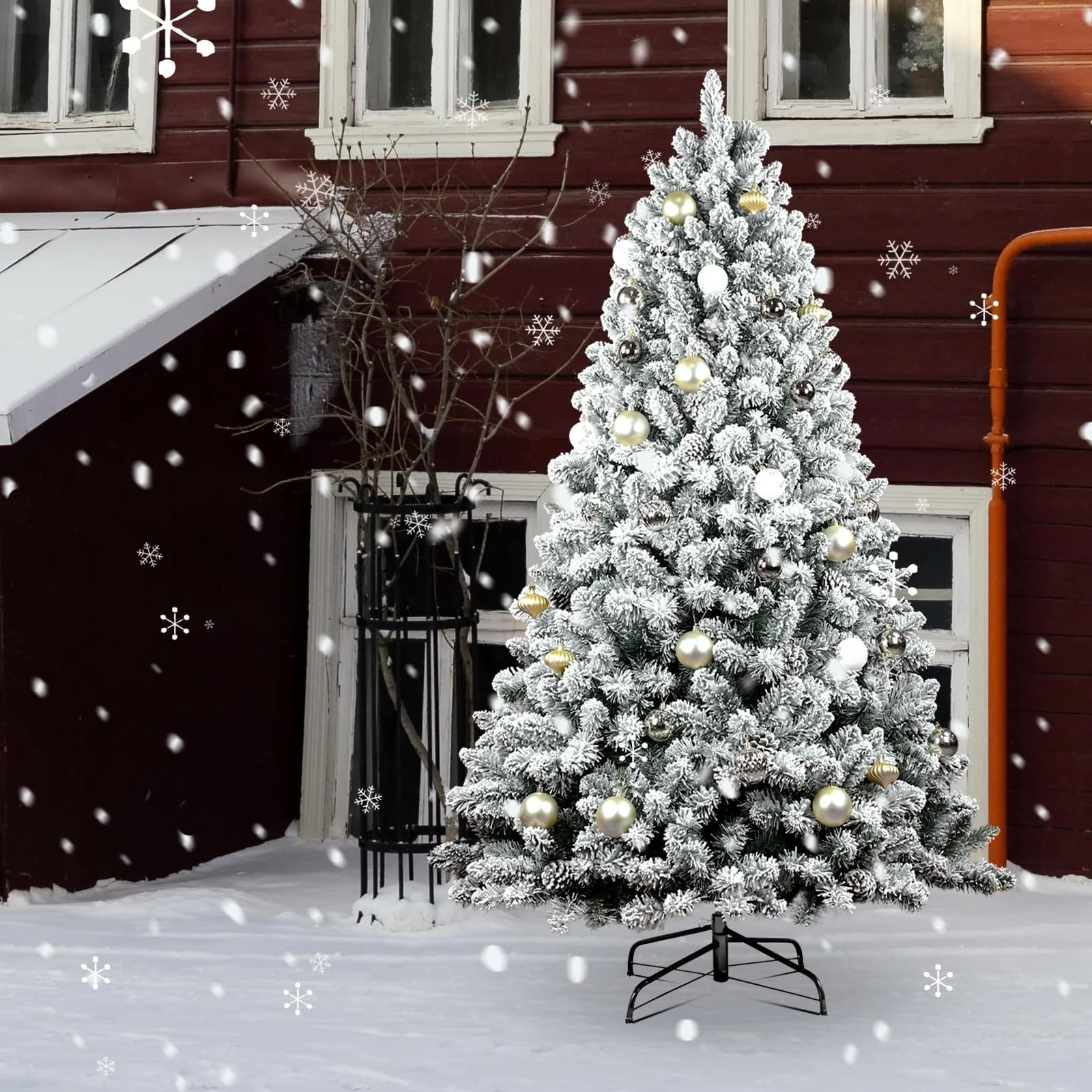 Snow-Flocked Christmas Tree with Pine Cones, Hinged Branches, Prelit, Metal Stand - 6ft to 9ft Sizes