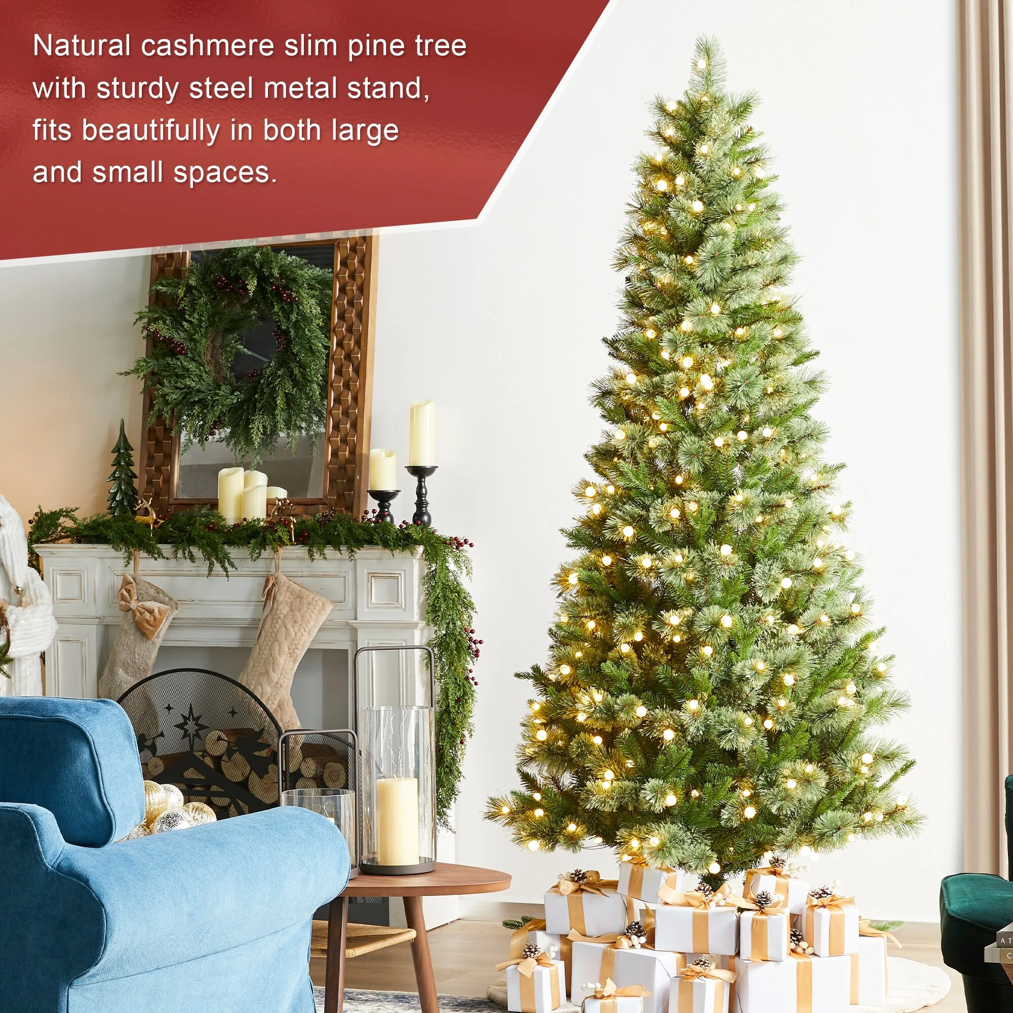 Glitzhome 7.5ft/9ft Pre-Lit Green Slim Pine Artificial Christmas Tree with Foot Pedal & Remote Control
