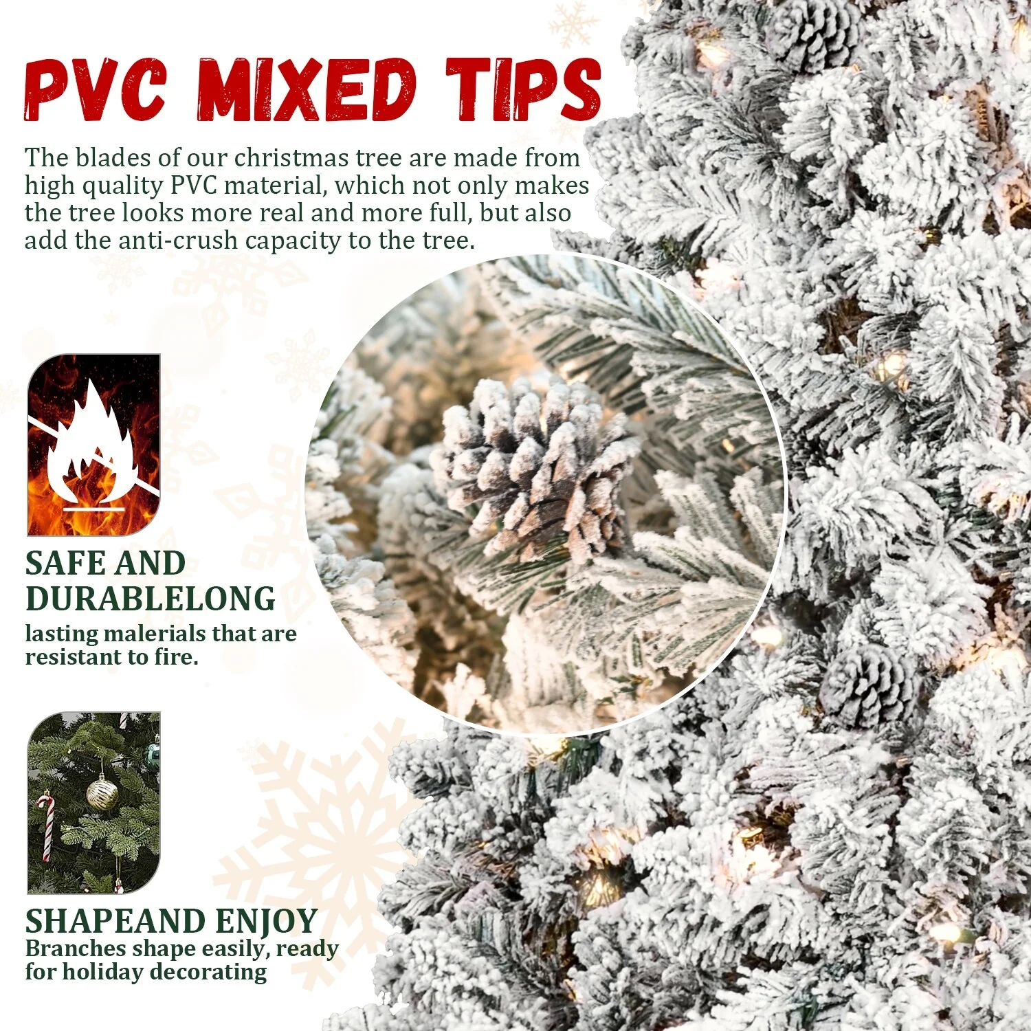 Hinged 7ft Snow-Flocked Christmas Tree with Pine Cones, Pre-lit and Metal Stand, for Indoor and Outdoor Holiday Decor