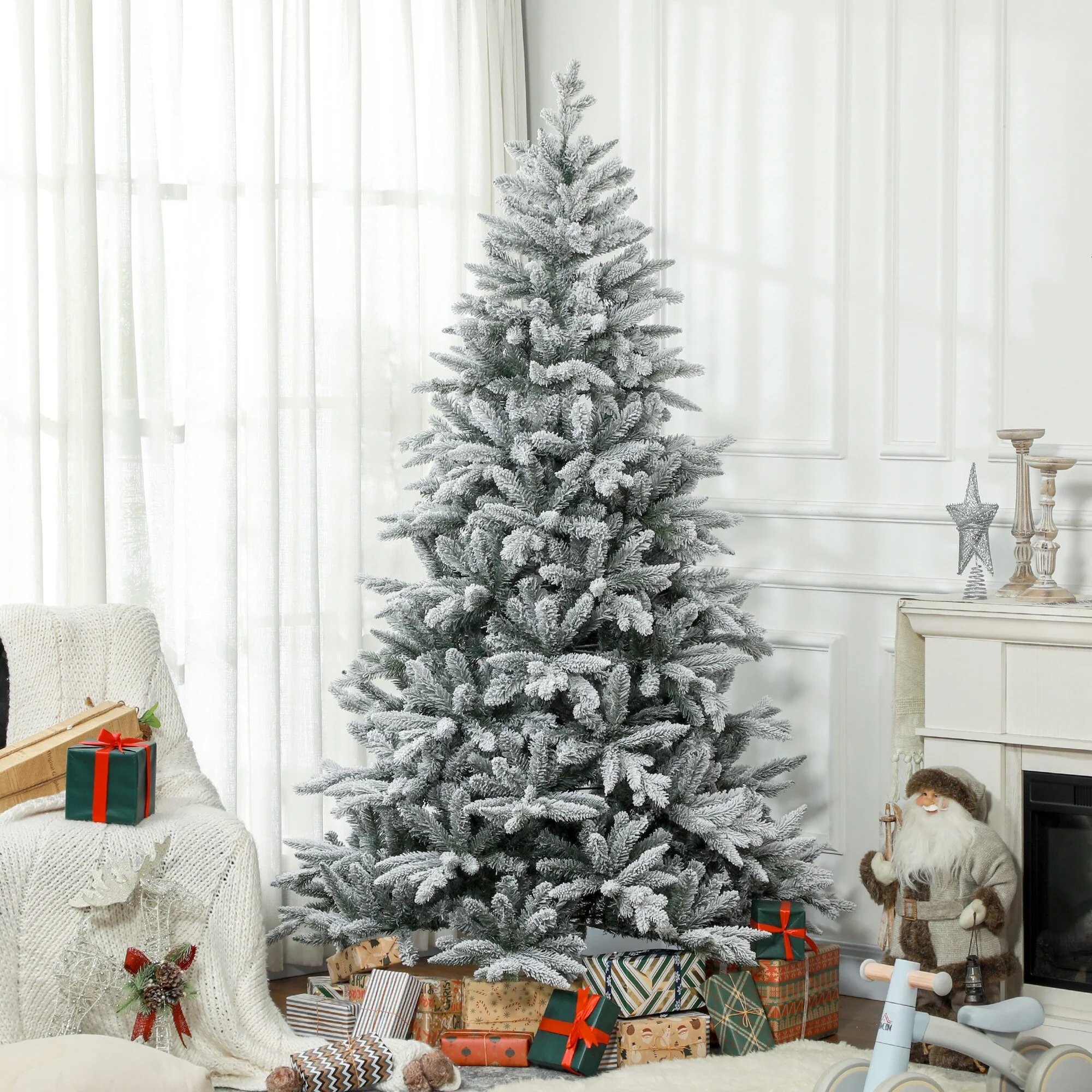 Snow Flocked 7ft/8ft Artificial Christmas Tree, Realistic Hinged Xmas Tree with 1401/2003 Tips & Metal Stand