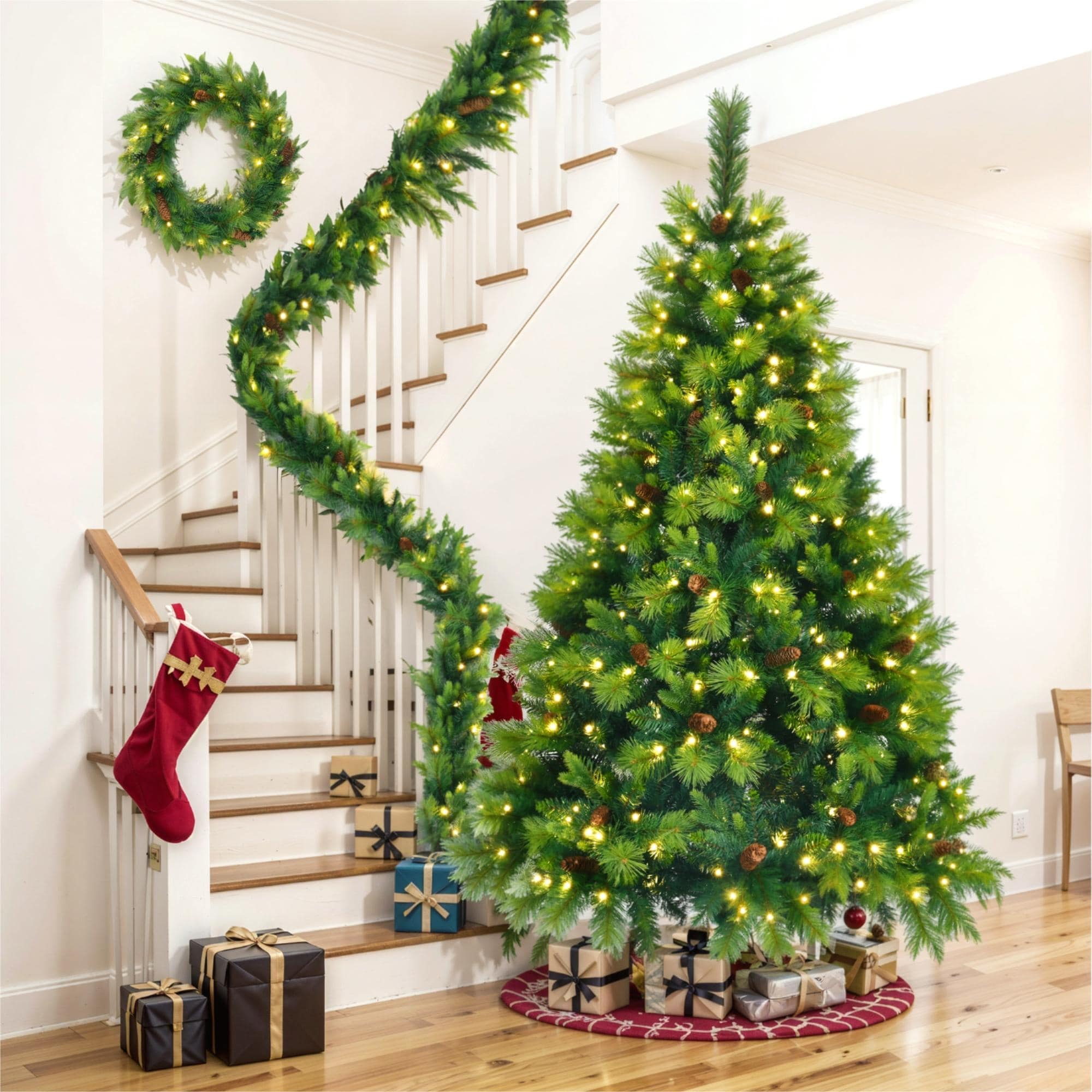 Grass Green Artificial Christmas Tree with Wreath & Garland, 6FT Pre-Lit Set with 430 LED Lights, Pine Cones for Home & Office