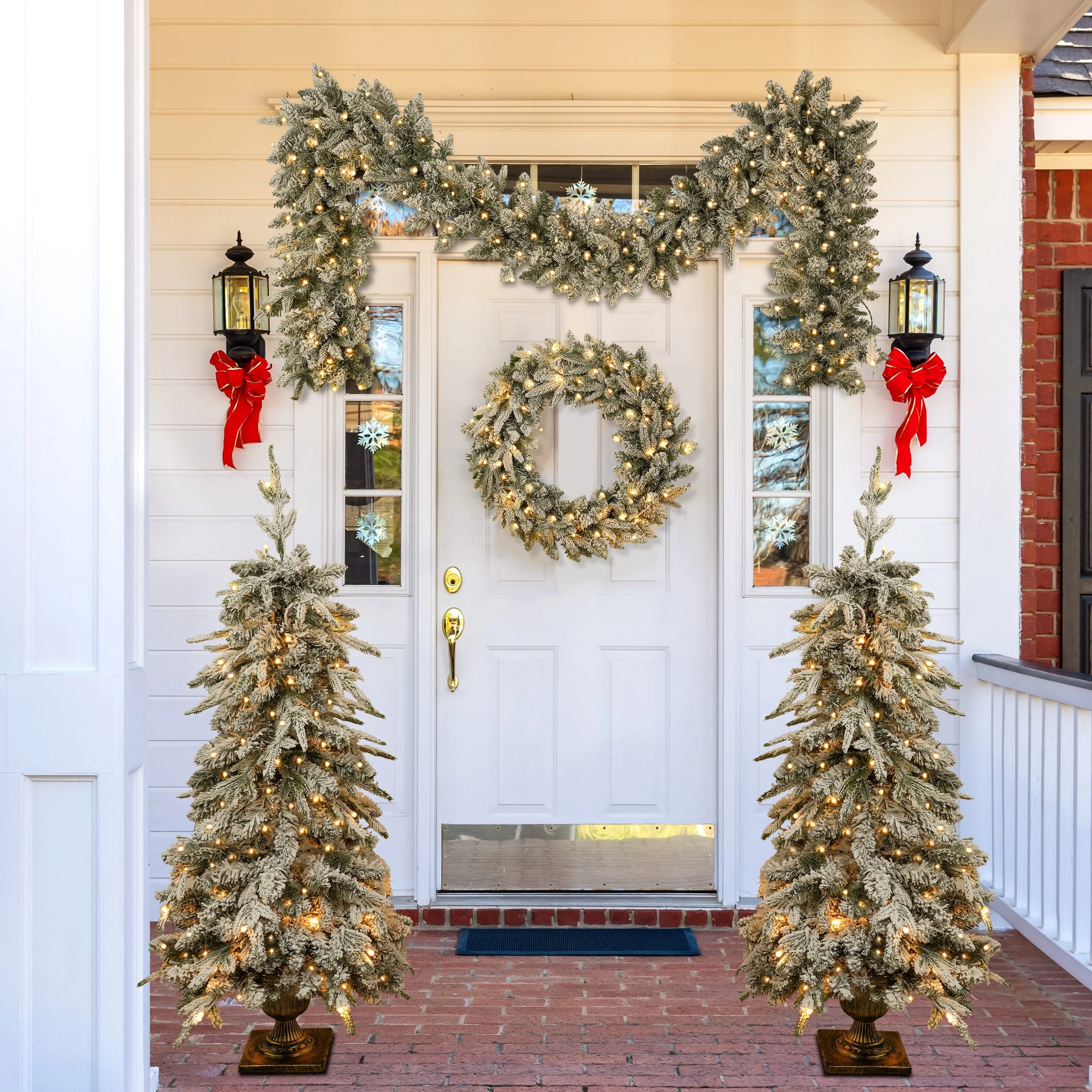 4-Piece Pre-lit Artificial Christmas Tree Set with Warm White LED Lights, Wreath, Garland & 2 Entrance Trees for Festive