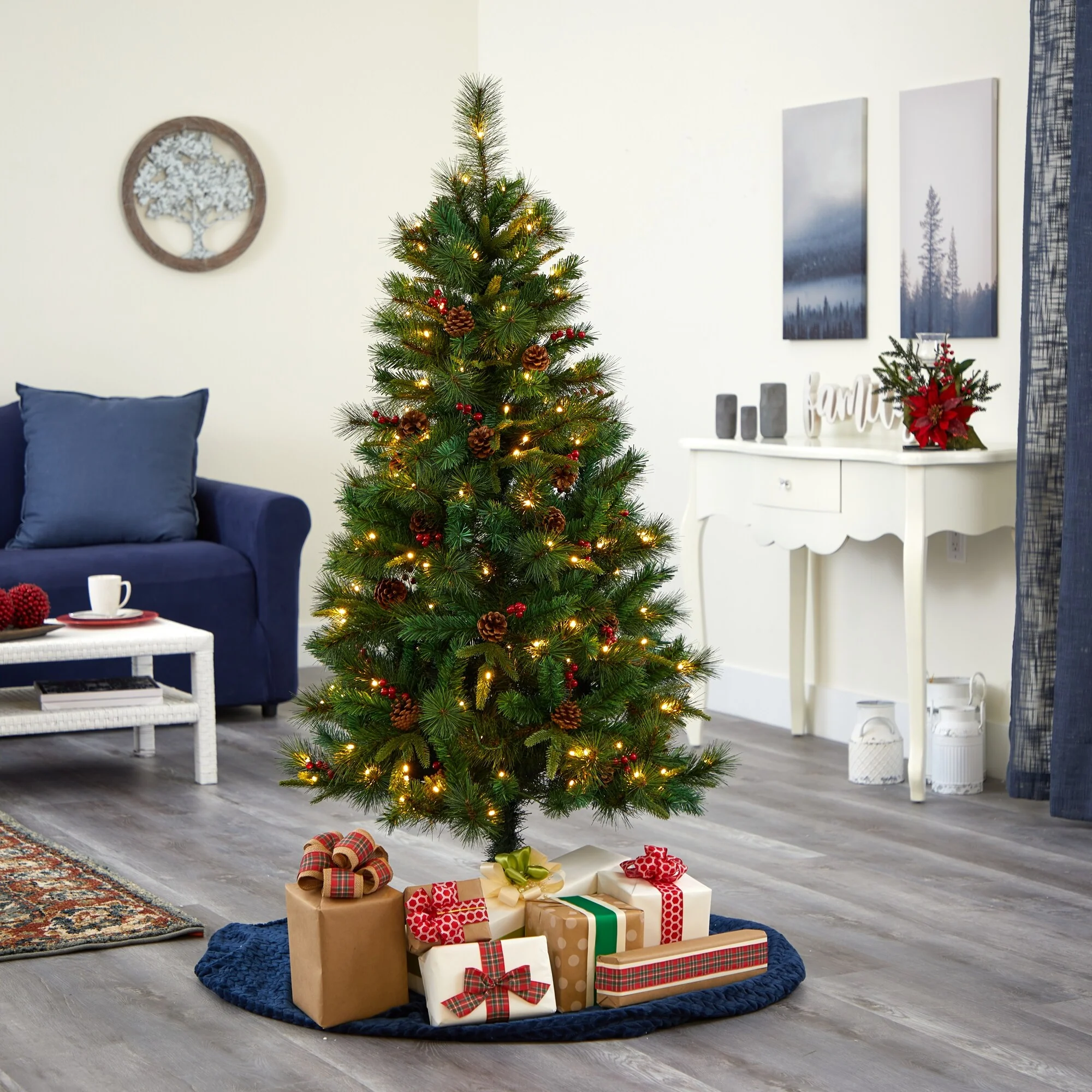 5’ Pinecone & Berry Pine Artificial Christmas Tree, Clear LED Lights - 5 Foot