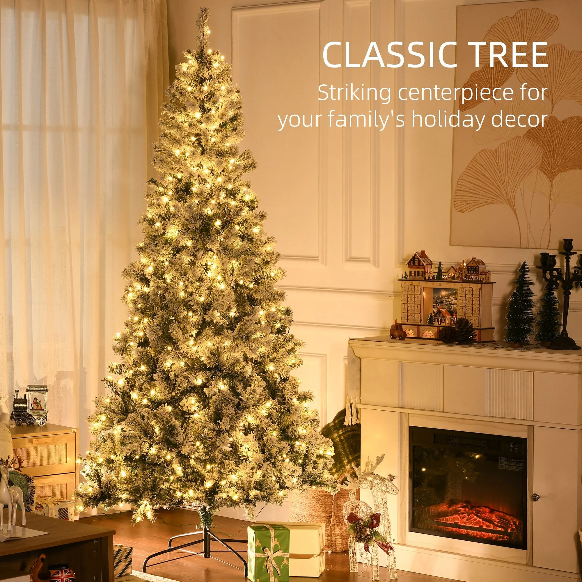7.5ft Tall Prelit Snow-Flocked Christmas Tree with Auto Open, 500 LED Lights, & Realistic Branches