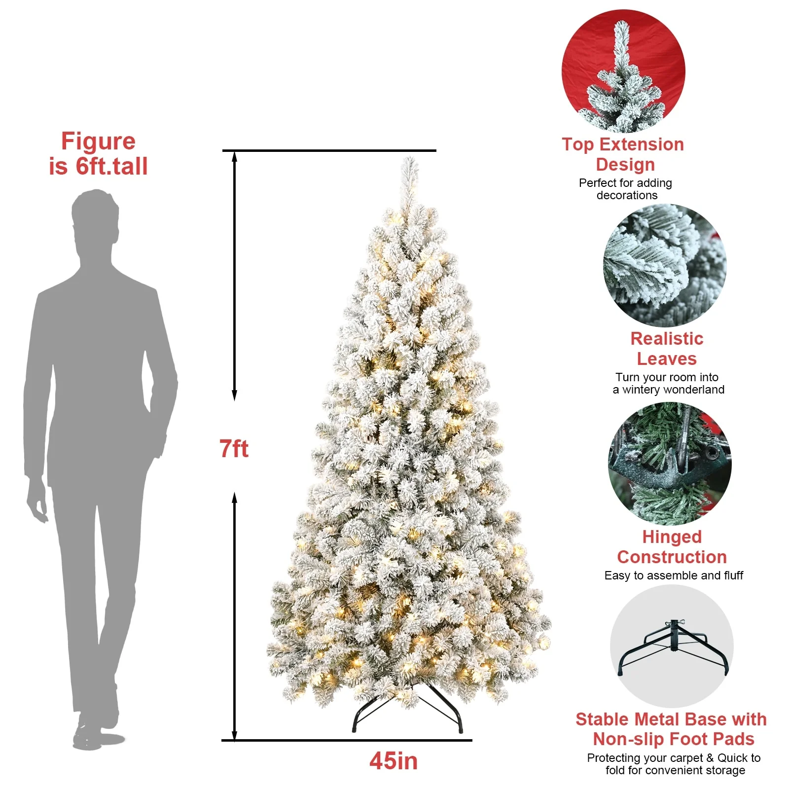 Snow-Flocked Pre-Lit Christmas Tree with Memory Wire Tips and 300-400 Warm Lights, Easy Setup for Indoor Holiday Display
