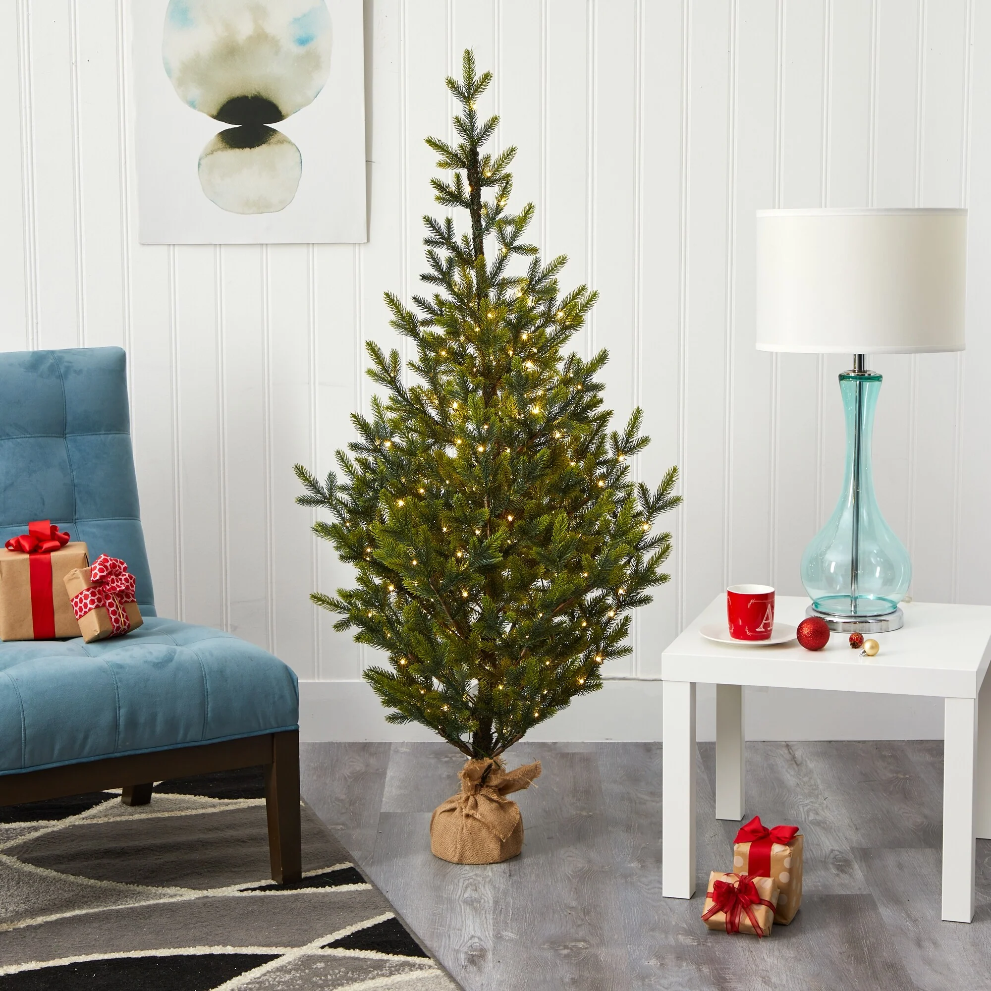 5’ Pre-Lit Potted Fraser Fir Artificial Christmas Tree, Clear Lights - 5 Foot