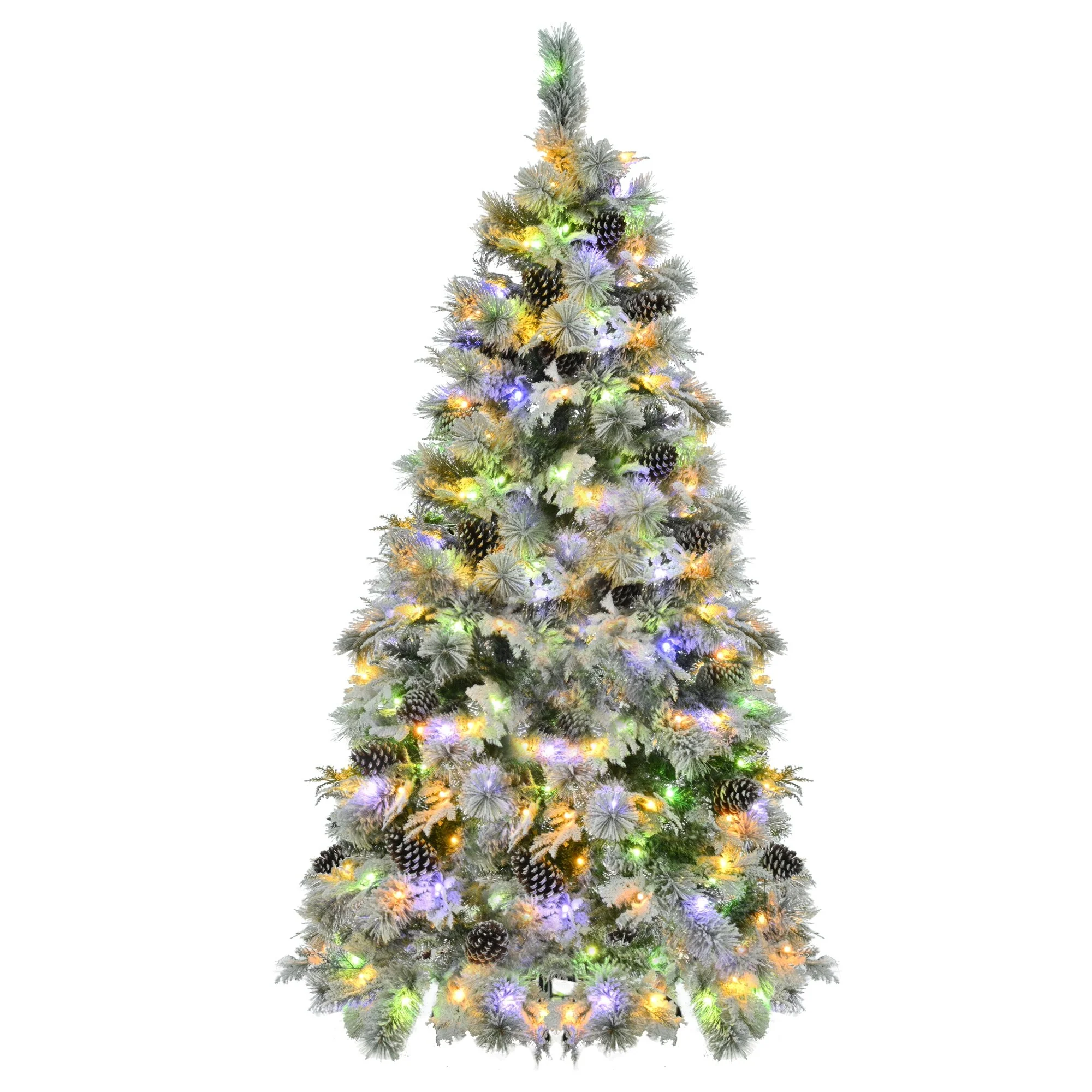 Artificial Snow Flocked Spruce Christmas Tree with 120/250/450 LED Lights, Pine Cones, and 11 Flashing Modes, 4FT/6FT/7.5FT