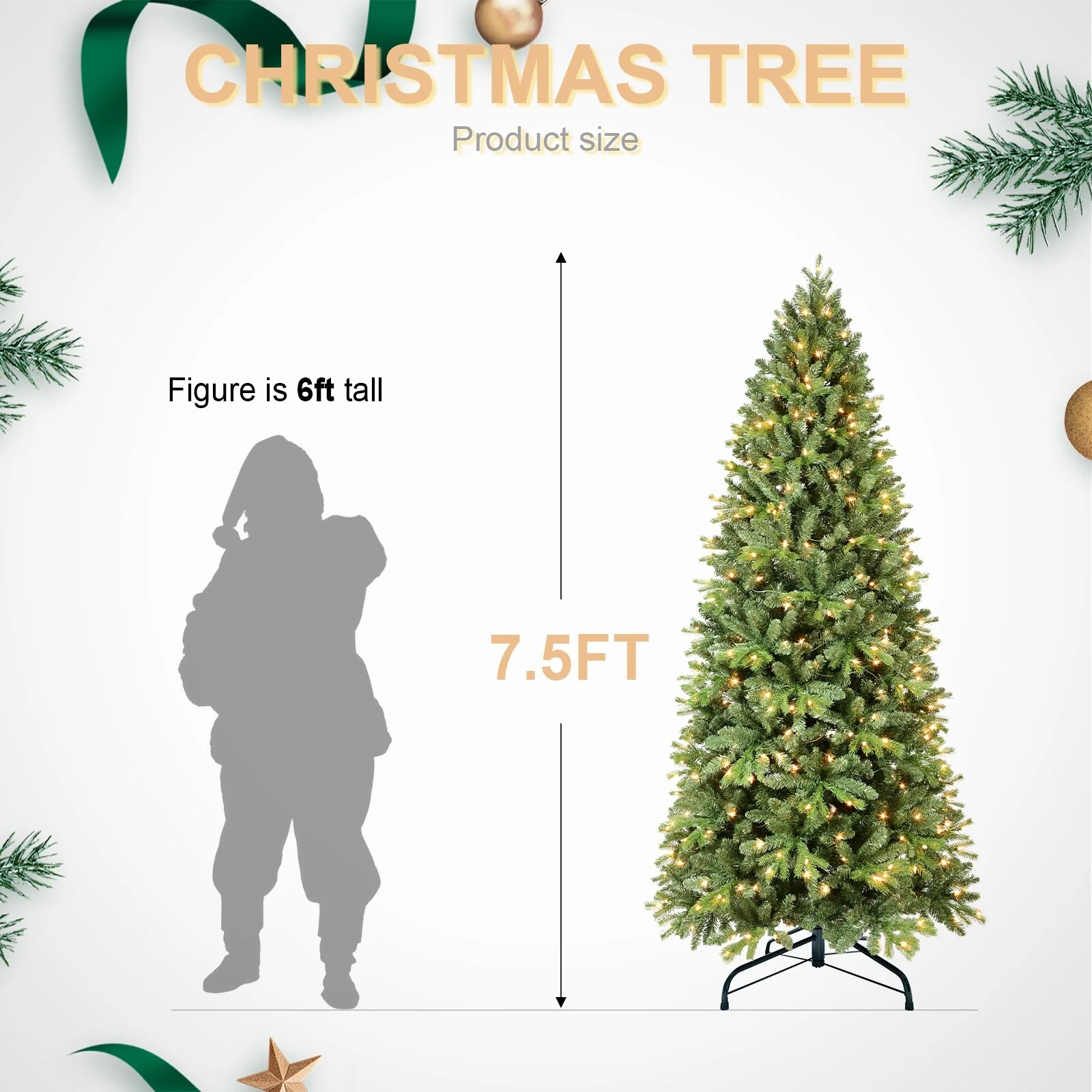 8FT/9FT Slim Pre-Lit Fir Artificial Christmas Tree, 'Feel Real' Needles, White Lights, Metal Hinged Branches & Base