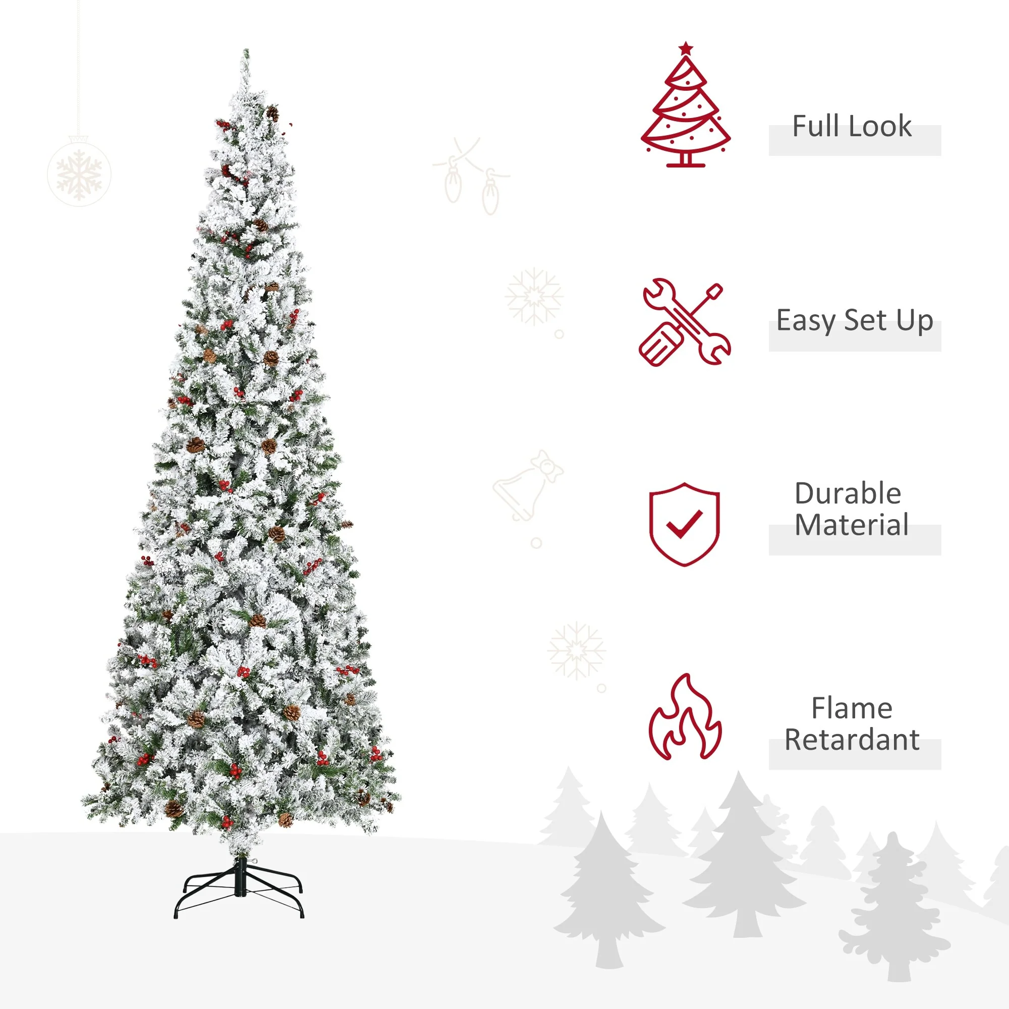 9' Tall Snow Flocked Artificial Pencil Christmas Tree with Pine Cones, Red Berries, and Auto-Open Branches