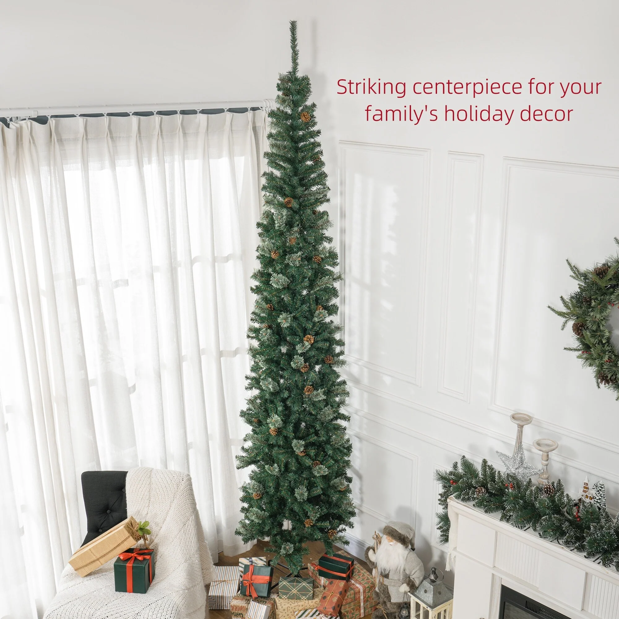 9.5 Ft Pencil Christmas Tree, Unlit Slim Artificial Xmas Tree with Realistic Branches, Pine Cones & Metal Stand