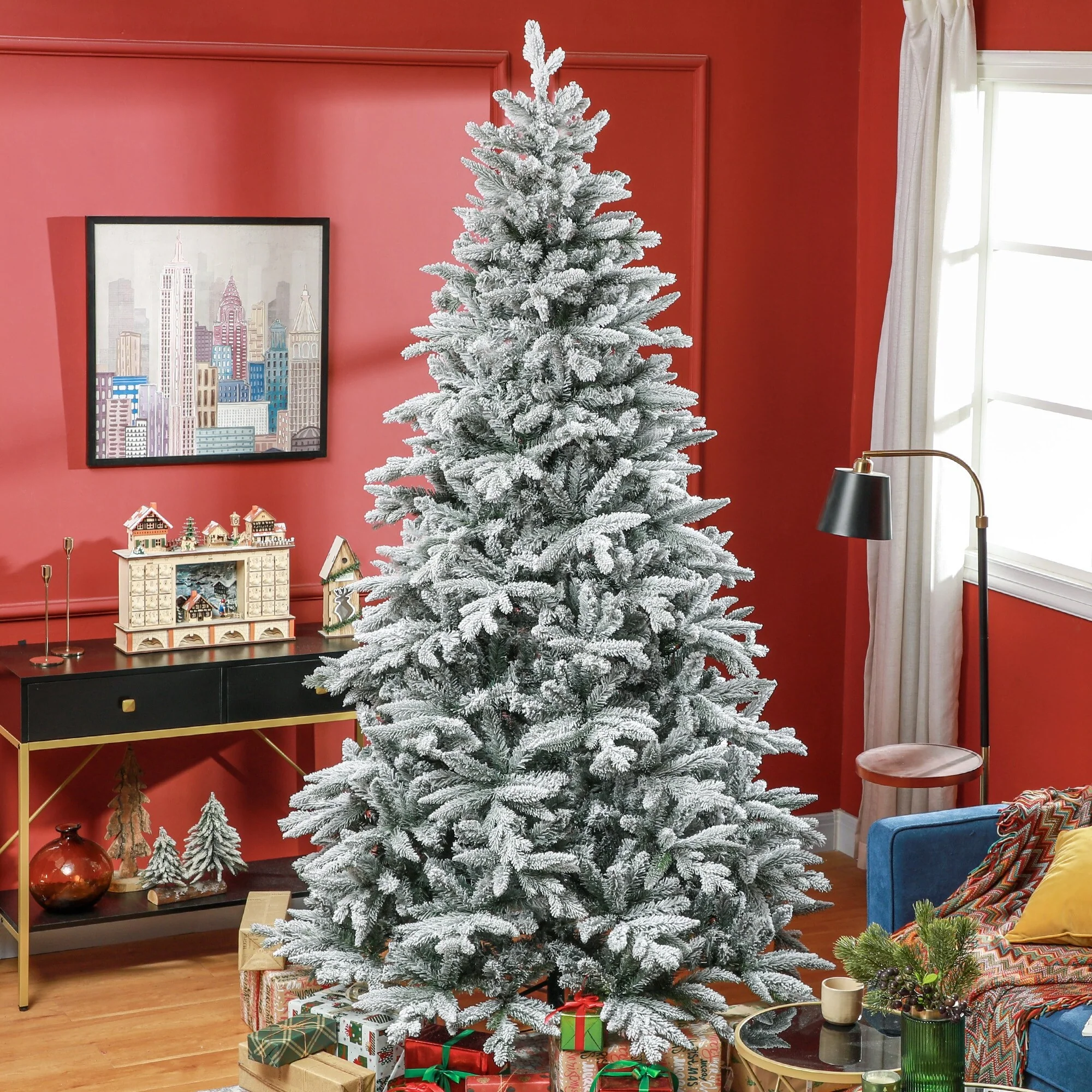 Snow Flocked 7ft/8ft Artificial Christmas Tree, Realistic Hinged Xmas Tree with 1401/2003 Tips & Metal Stand