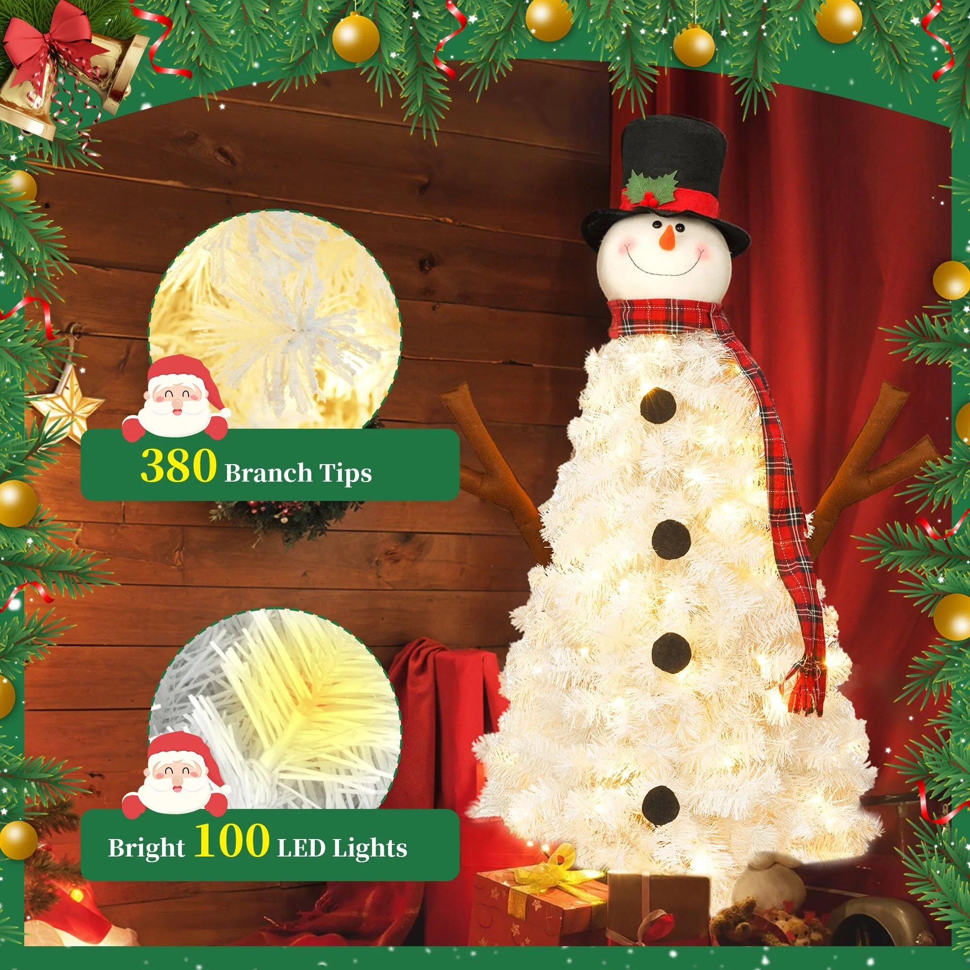 Pre-lit Snowman Christmas Tree, 4ft Artificial Holiday Tree with 100 Warm White LED Lights and 380 Branch Tips for Home