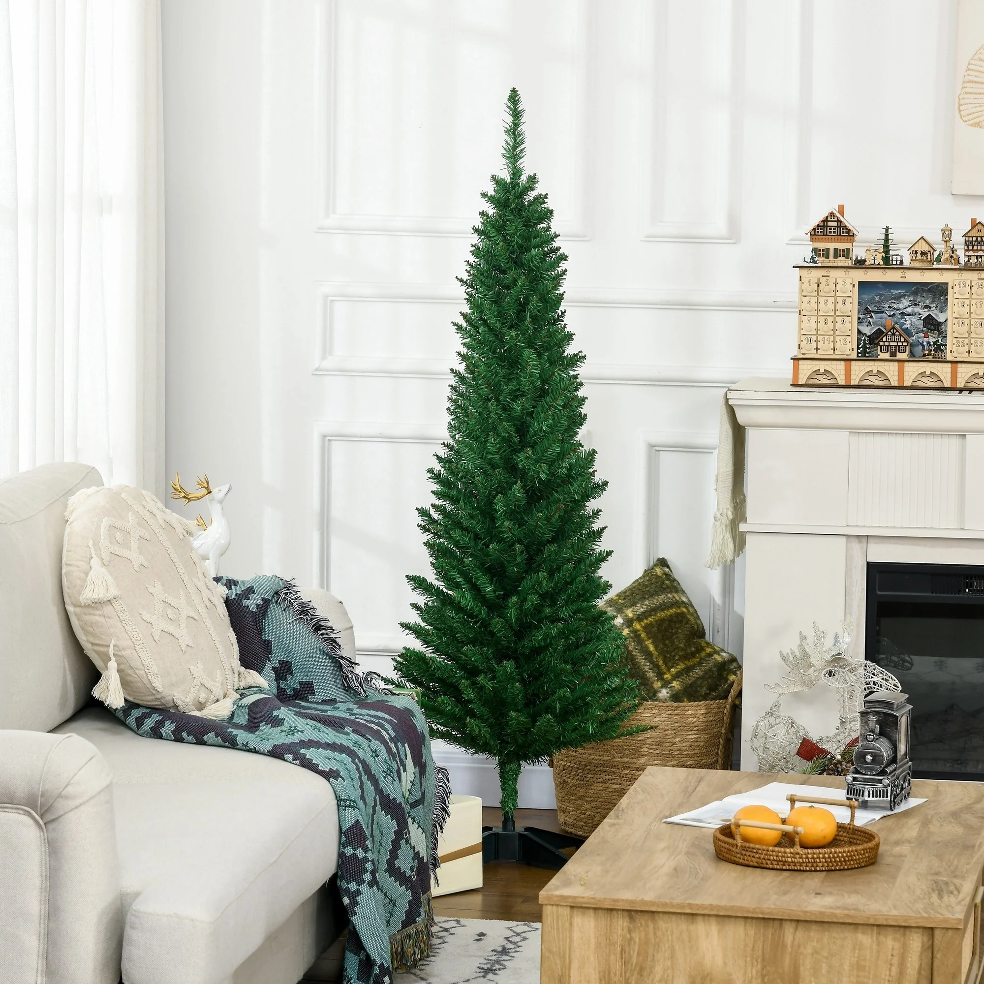 Unlit 5FT/6FT/7FT Slim Pencil Christmas Tree with Realistic Tips and Easy-Assembly Stand, Perfect for Small Spaces