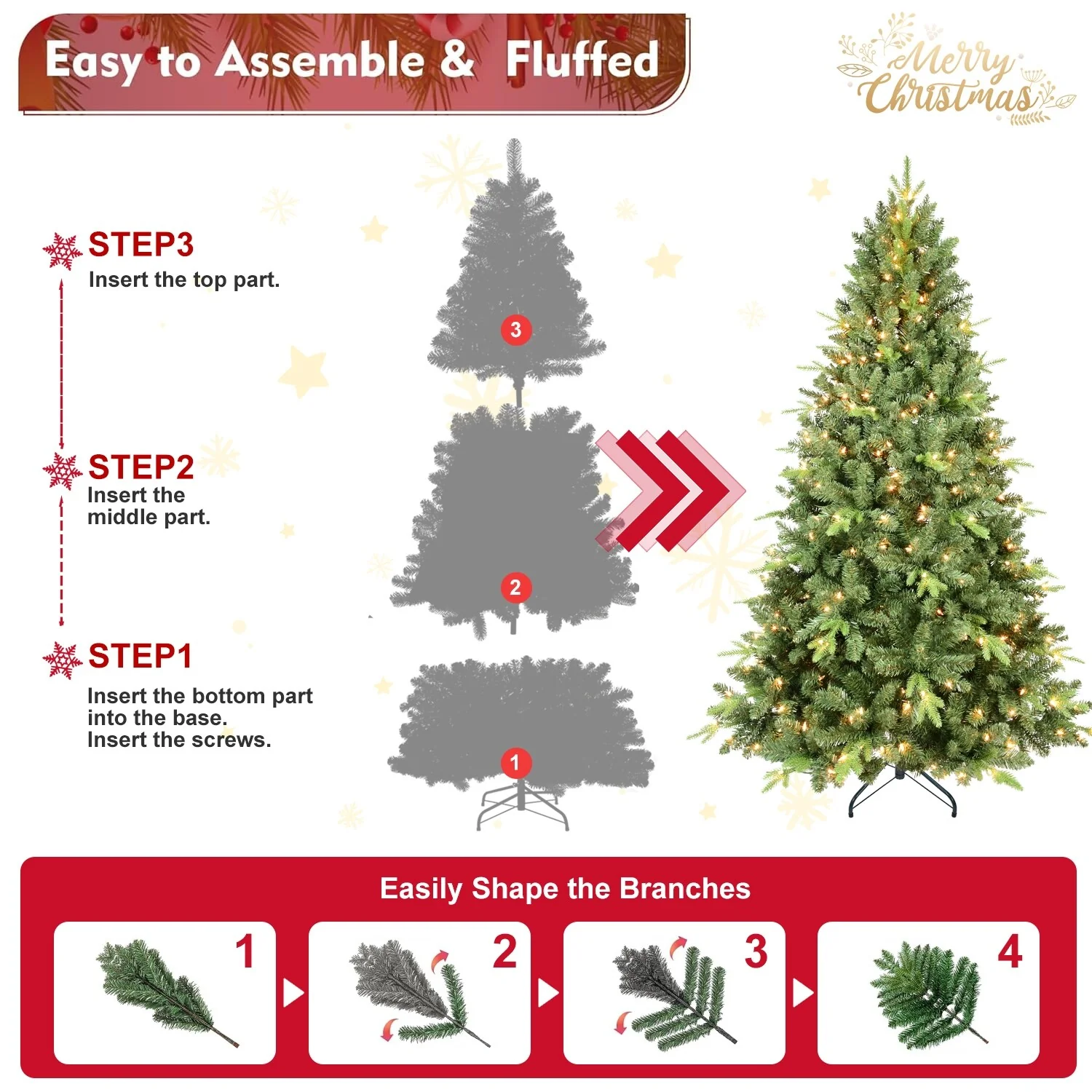 9FT Premium Artificial Christmas Tree, Prelit Hinged Spruce with 3,509 Tips, Metal Stand, and Easy Assembly